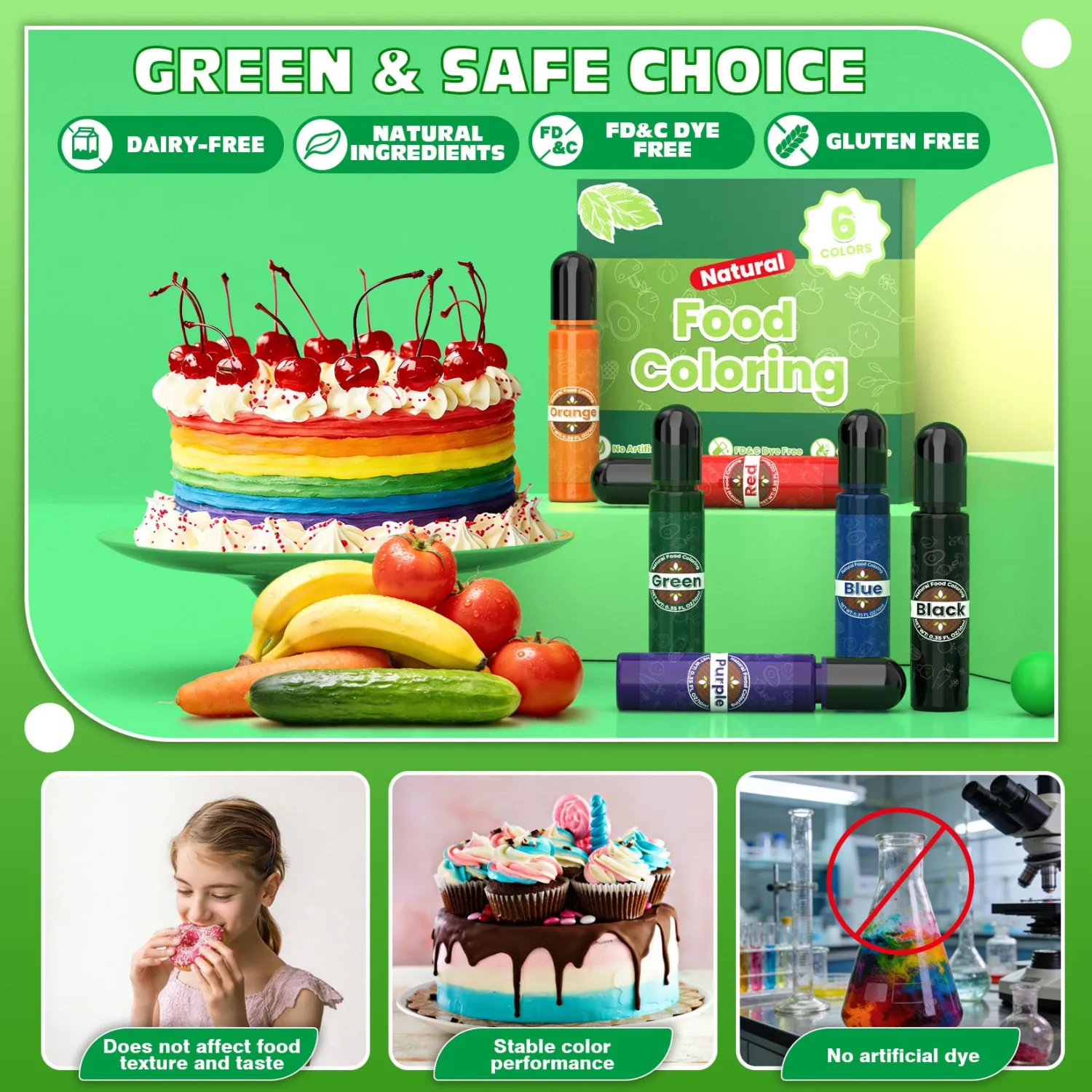 Natural Food Coloring 6 Colors x 10ml, FD&C & Artificial Dye Free Food Coloring Liquid Set, Natural Ingredients Edible Paint for Baking, Cake Decorations, Frosting, Fondant, Stable Color Performance, Easy to Color