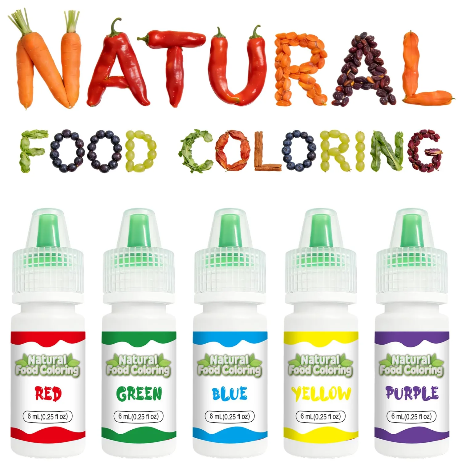 Natural Food Coloring Set – 5 Vibrant Colors (Red, Yellow, Blue, Green, Purple) 6mL Each Bottle, Plant-Based Food Dye for Baking, Cake Decorating, Fondant, Cookies & Holiday Treats