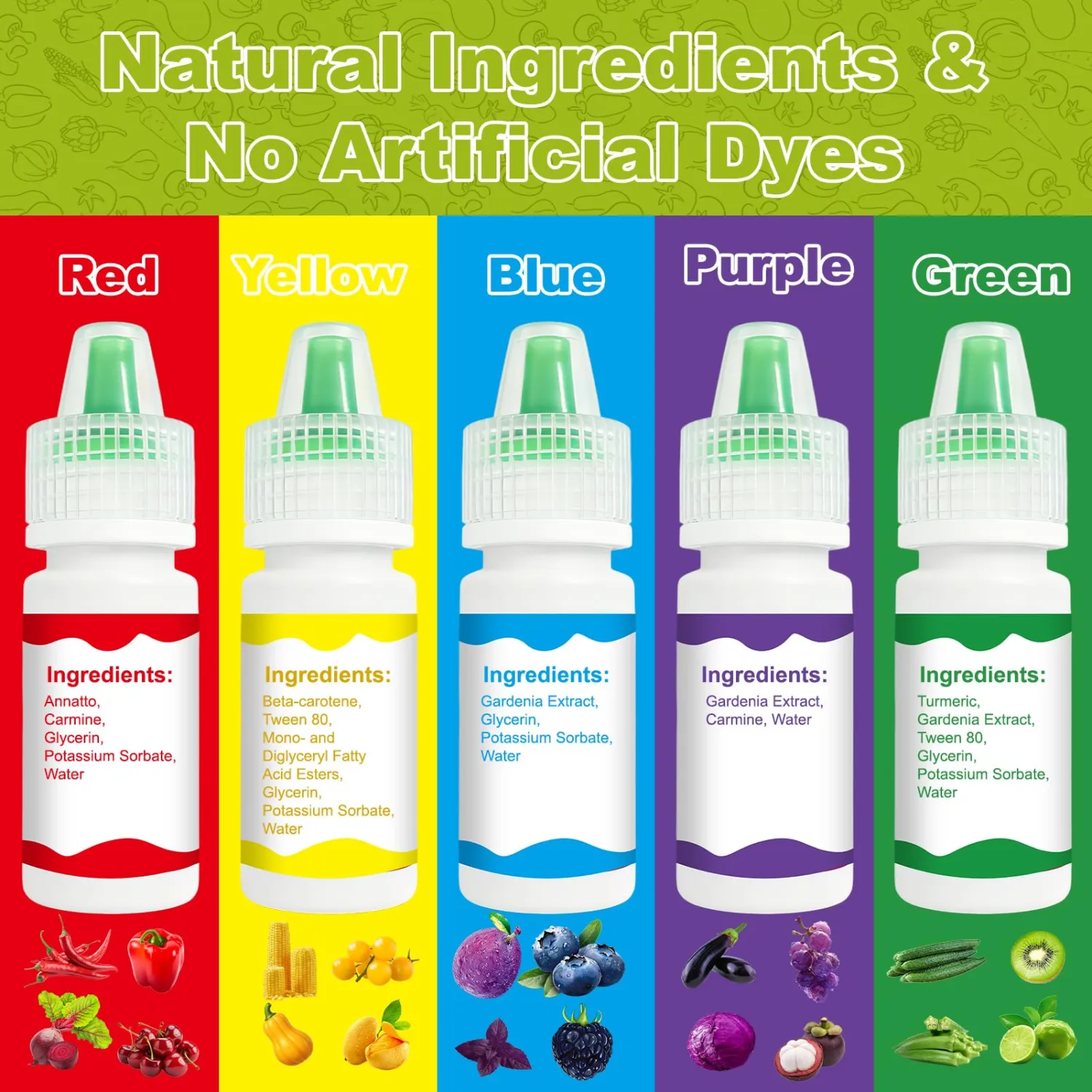 Natural Food Coloring Set – 5 Vibrant Colors (Red, Yellow, Blue, Green, Purple) 6mL Each Bottle, Plant-Based Food Dye for Baking, Cake Decorating, Fondant, Cookies & Holiday Treats