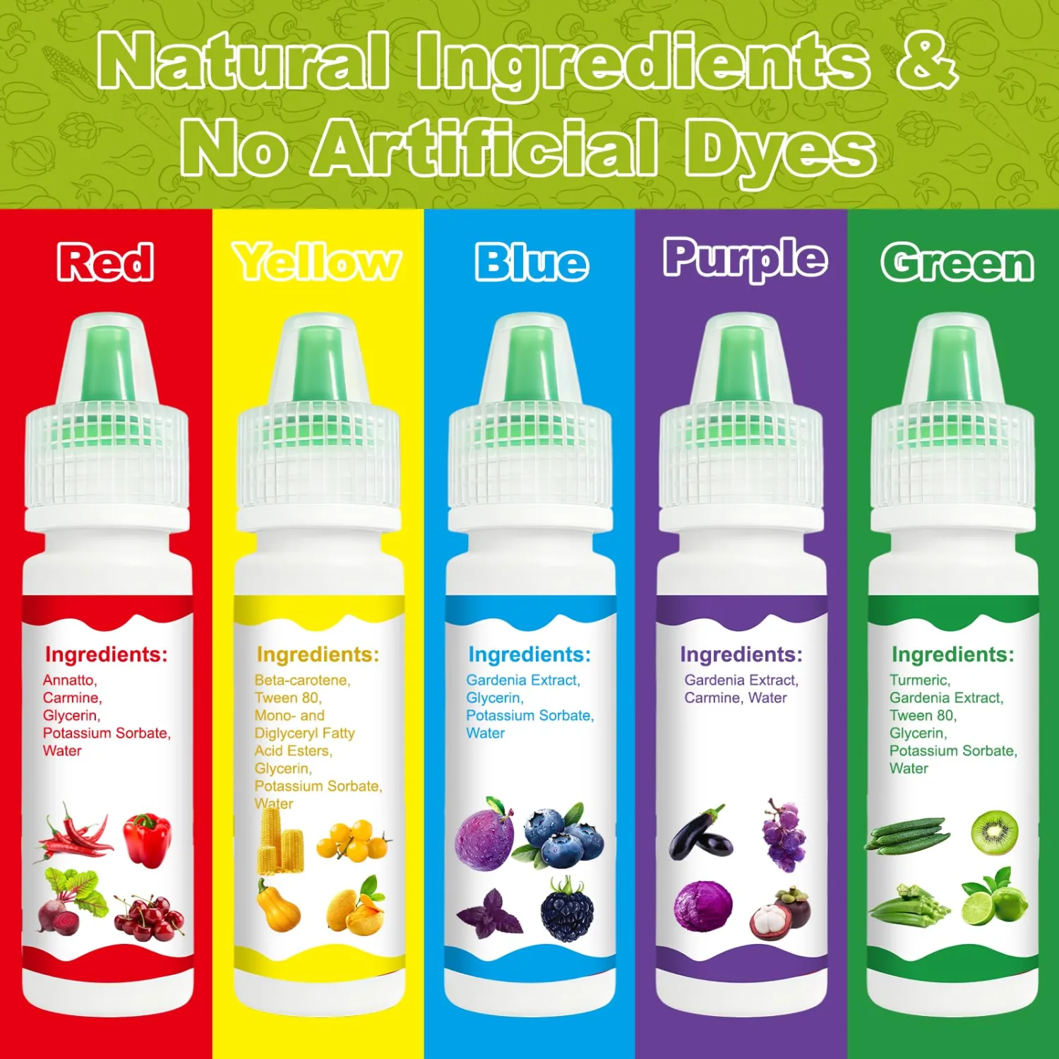 Natural Food Coloring Set, 5 Colors Red Yellow Blue Green Purple, Plant-Based Edible Liquid Color for Baking, Decorating, Fondant, Frosting & Holiday Desserts 10mL/Bottles