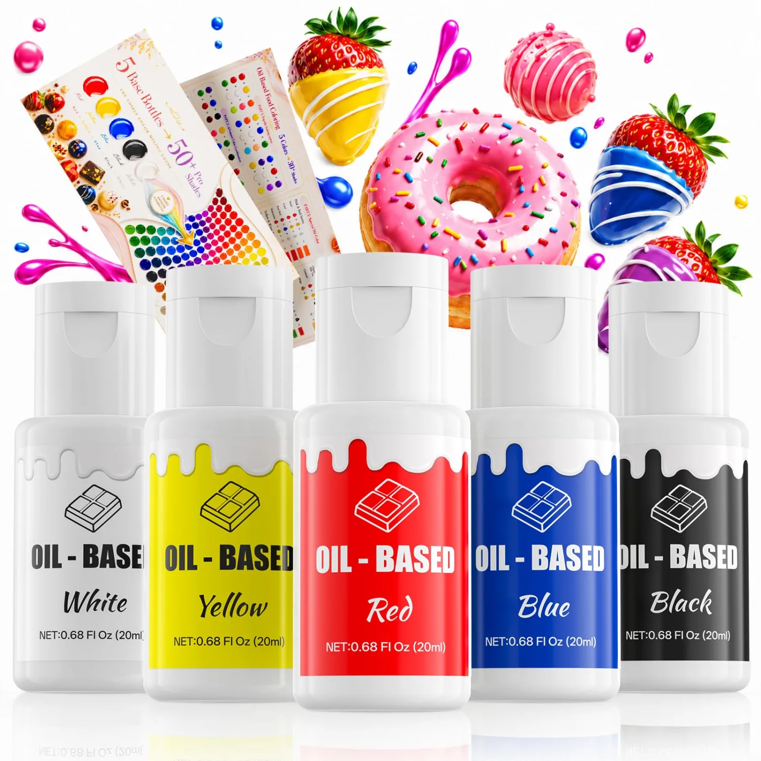 Oil-Based Food Coloring for Chocolate - 5 Colors Edible Food Dye Set with Color Mixing Chart, 5*20ML(0.68 Fl. Oz) Flavorless Edible Food Color Vibrant Neon Icing Colors for Candy Melts, Baking, Fondant, Icing, and Cake Decorating