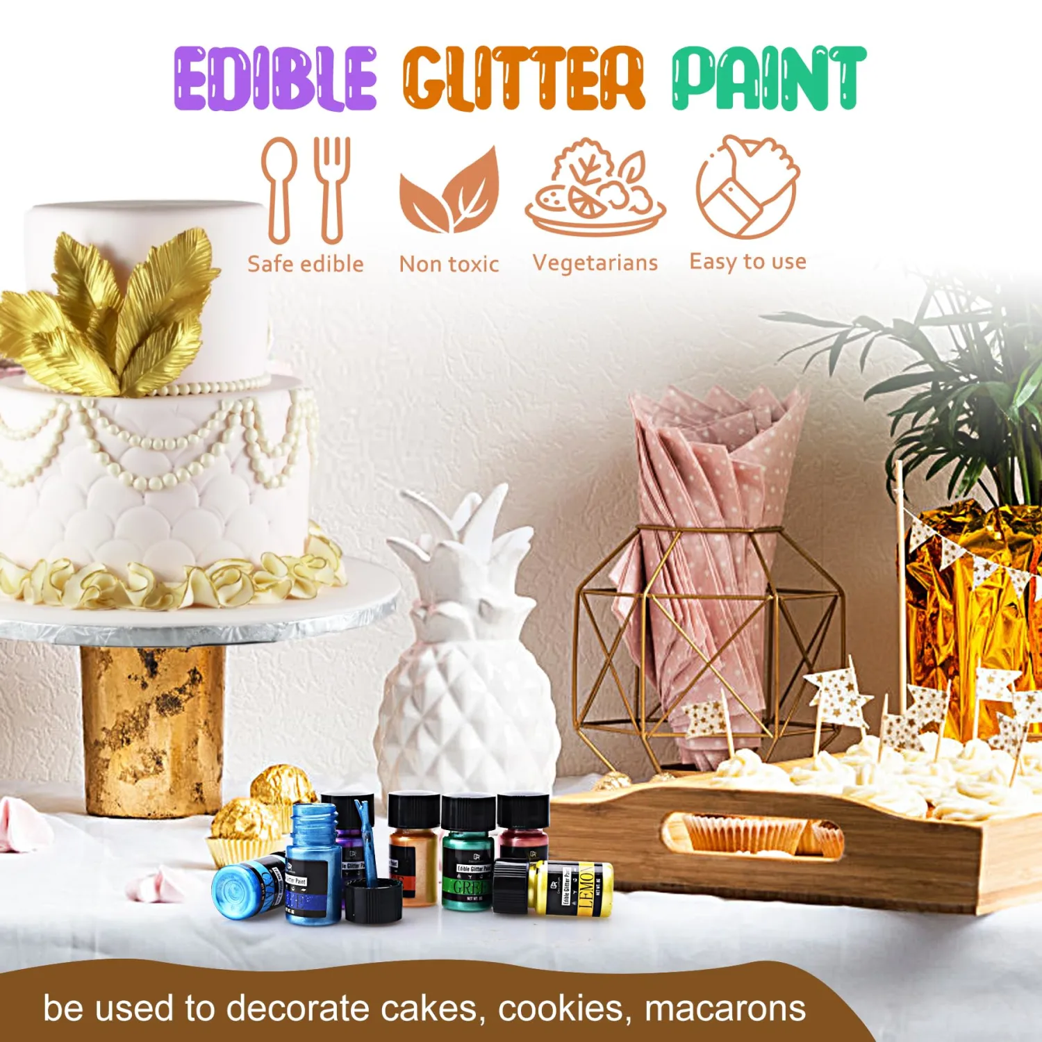 Edible Glitter Paint - Rainbow Color Metallic Edible Cake Paint Food Grade