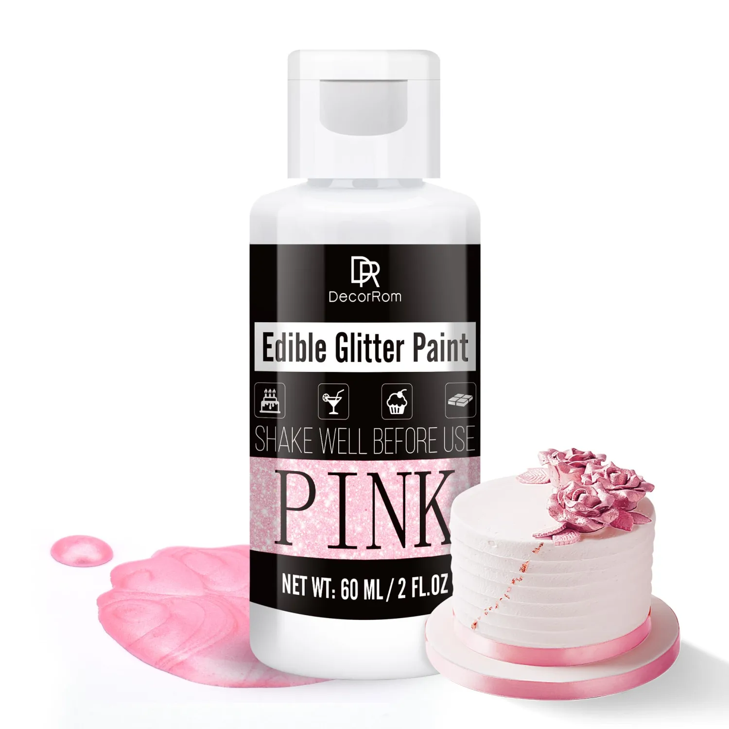 Edible Glitter Paint - 2 fl.oz Metallic Edible Cake Paint for Cake Decorating, Baking, Cupcakes, Candy - Food Grade Shimmer Art Decorative Paint Liquid Luster Dust for DIY Cookie, Fondant (Pink)