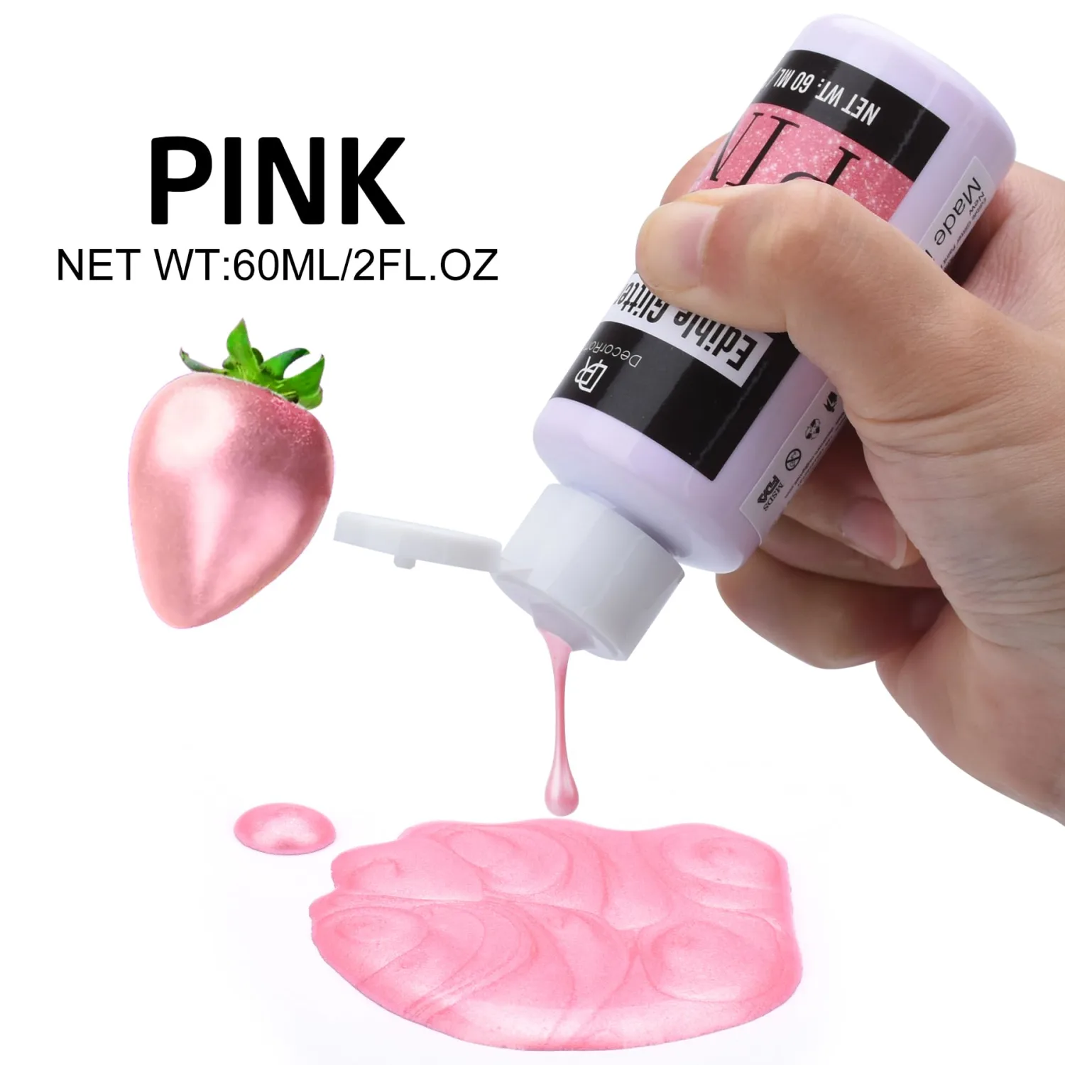 Edible Glitter Paint - 2 fl.oz Metallic Edible Cake Paint for Cake Decorating, Baking, Cupcakes, Candy - Food Grade Shimmer Art Decorative Paint Liquid Luster Dust for DIY Cookie, Fondant (Pink)
