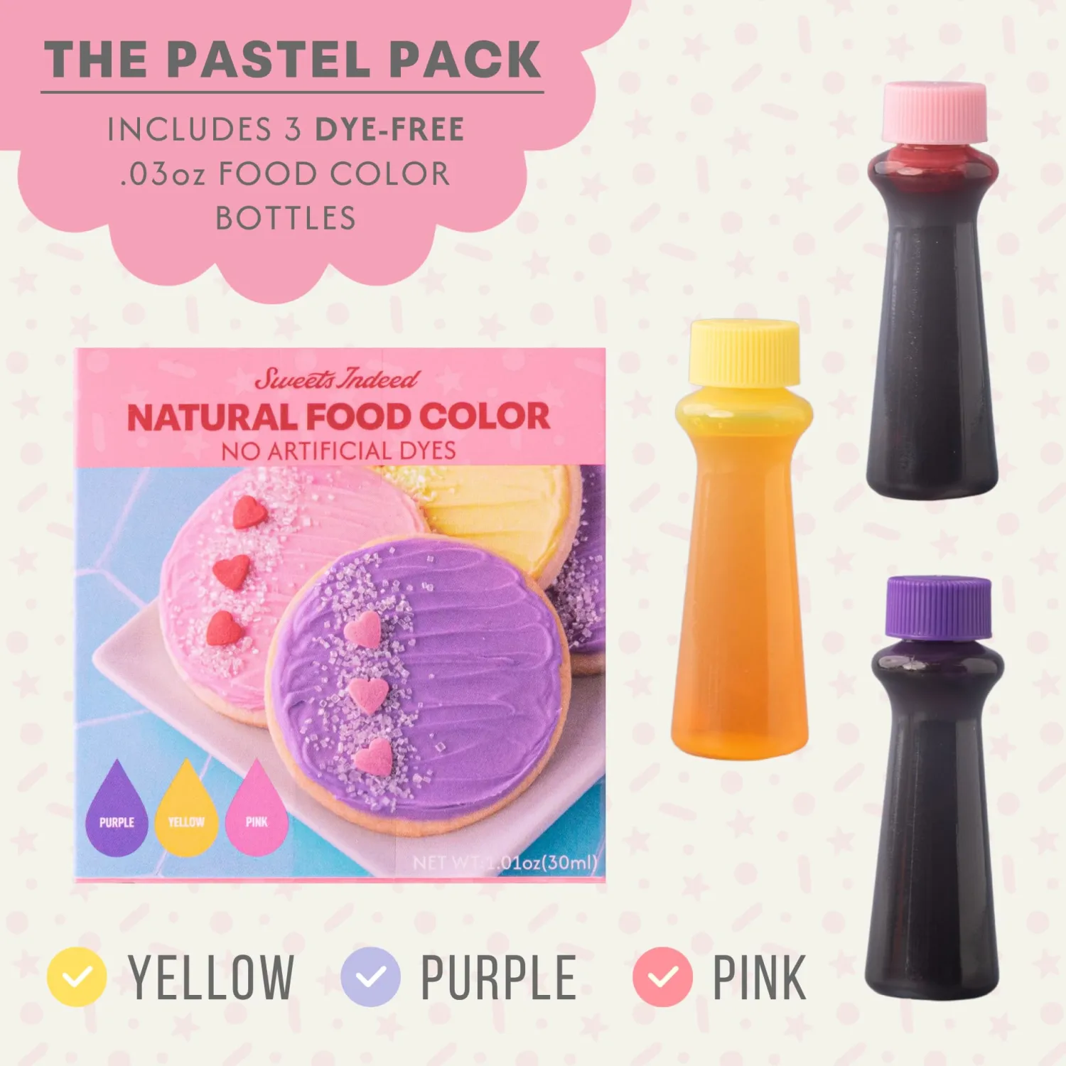 Sweets Indeed Dye Free Food Coloring, Pink Purple Yellow, 1.01 oz
