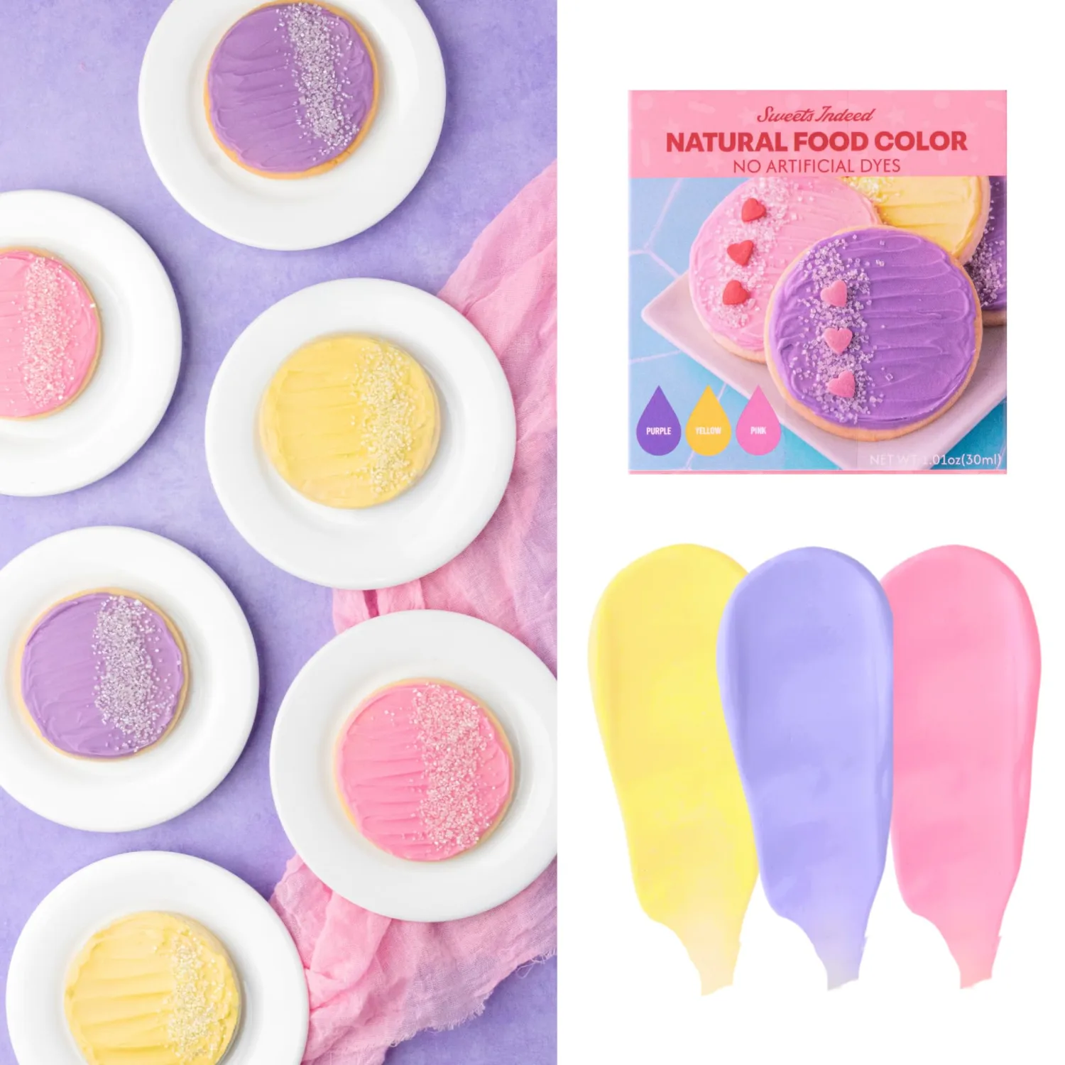 Sweets Indeed Dye Free Food Coloring, Pink Purple Yellow, 1.01 oz