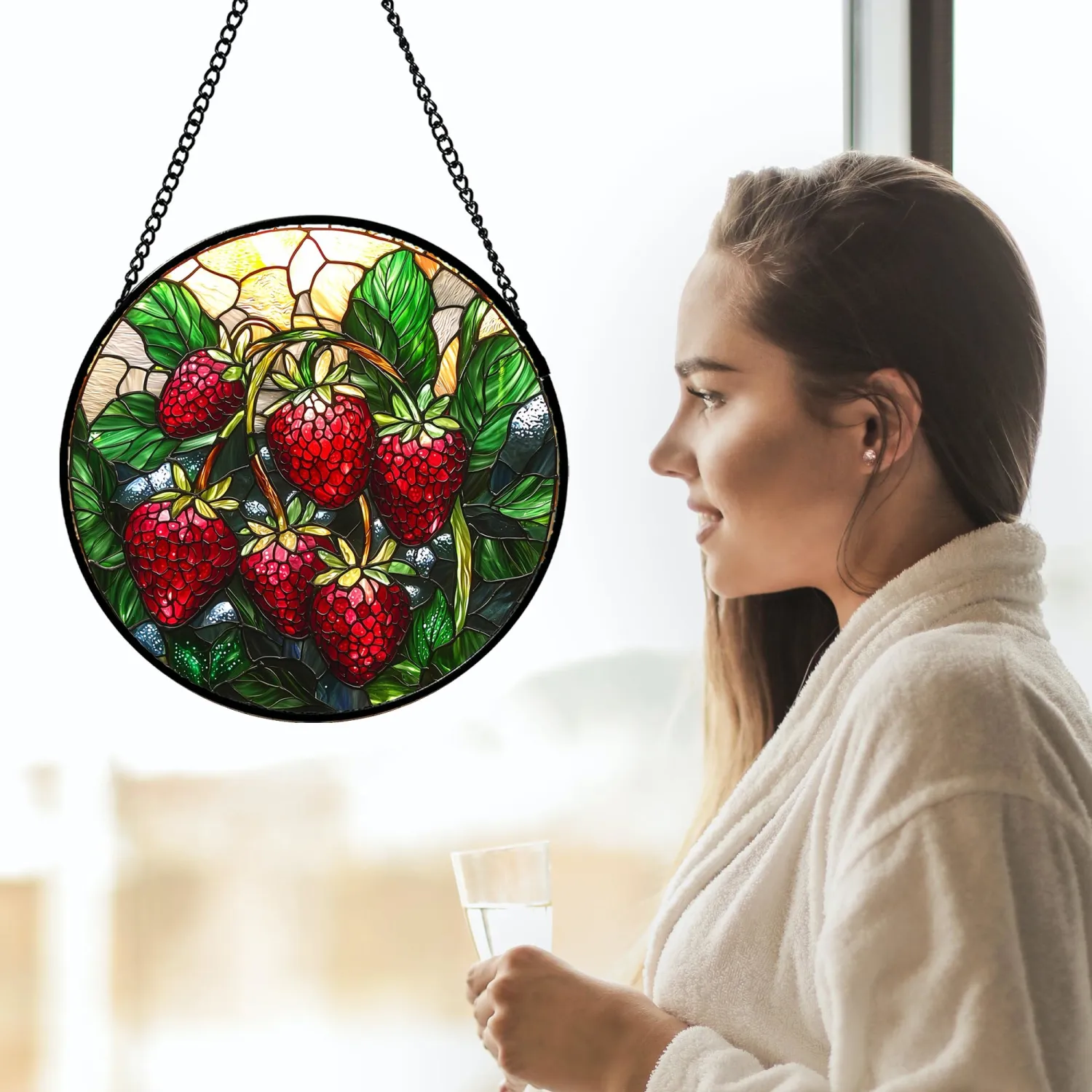 Strawberry Stained Glass Window Hanging Suncatcher Gifts for Women 6.3"