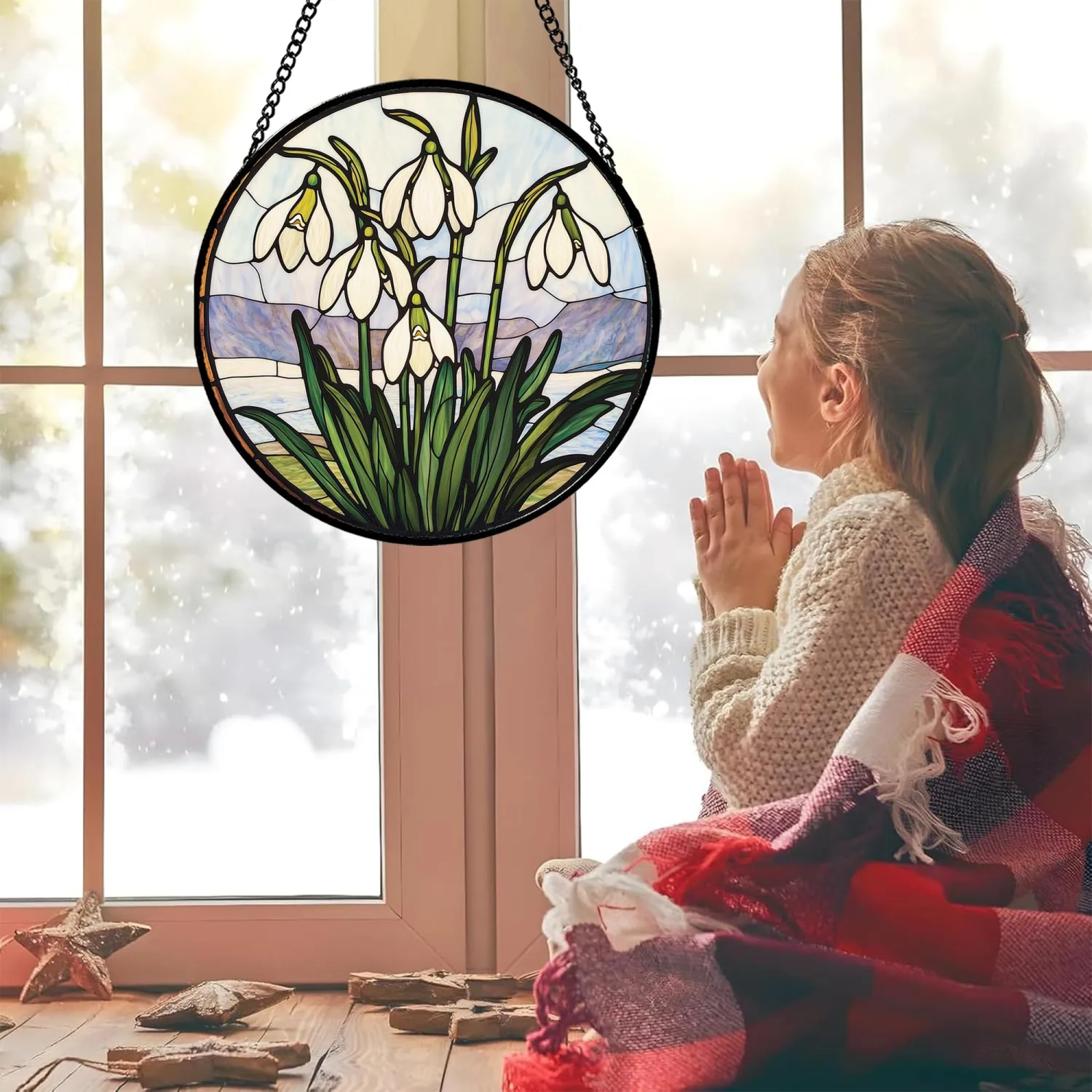 Snow Drop Flower Stained Glass Window Hanging Decor Gifts for Women 7.8"