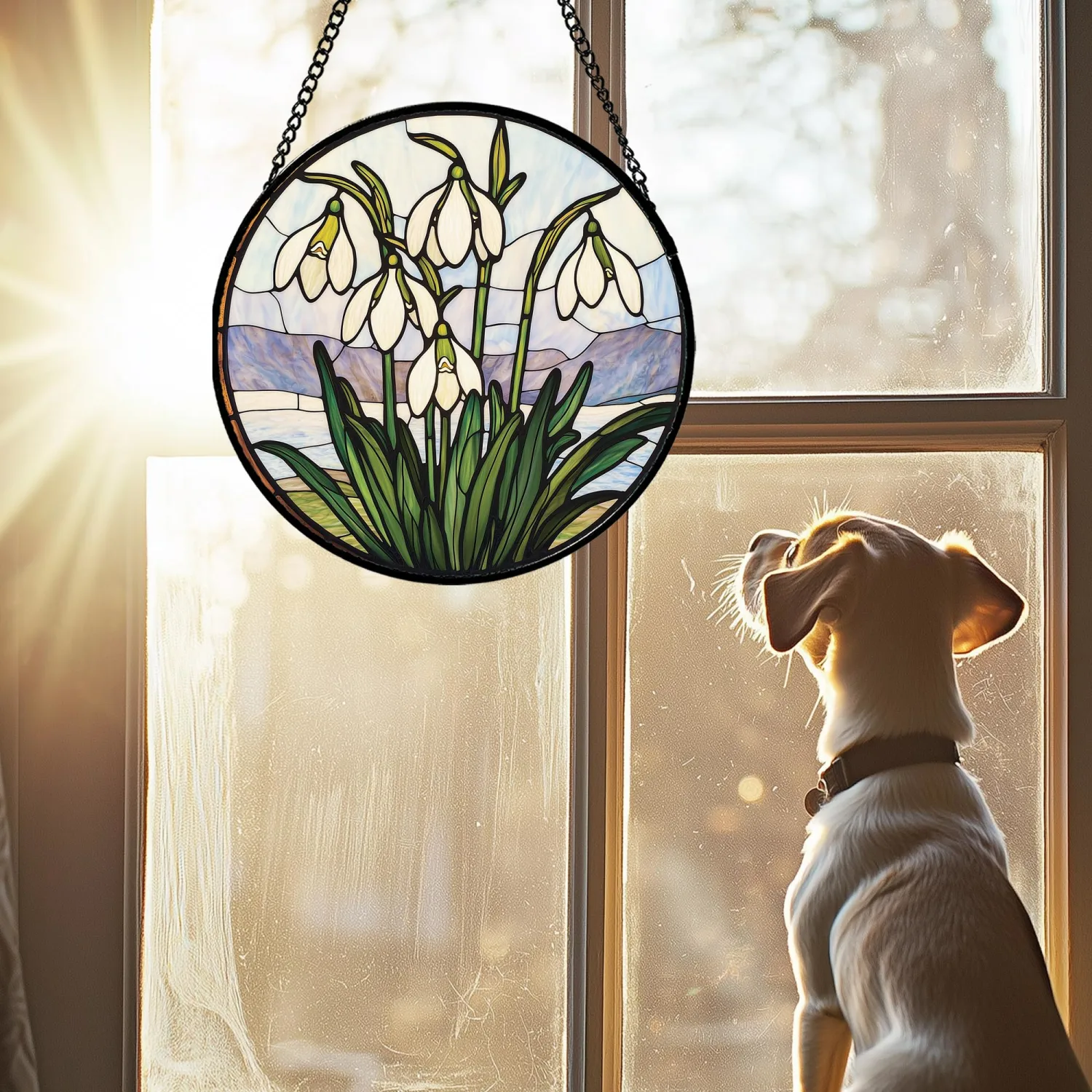 Snow Drop Flower Stained Glass Window Hanging Decor Gifts for Women 7.8"