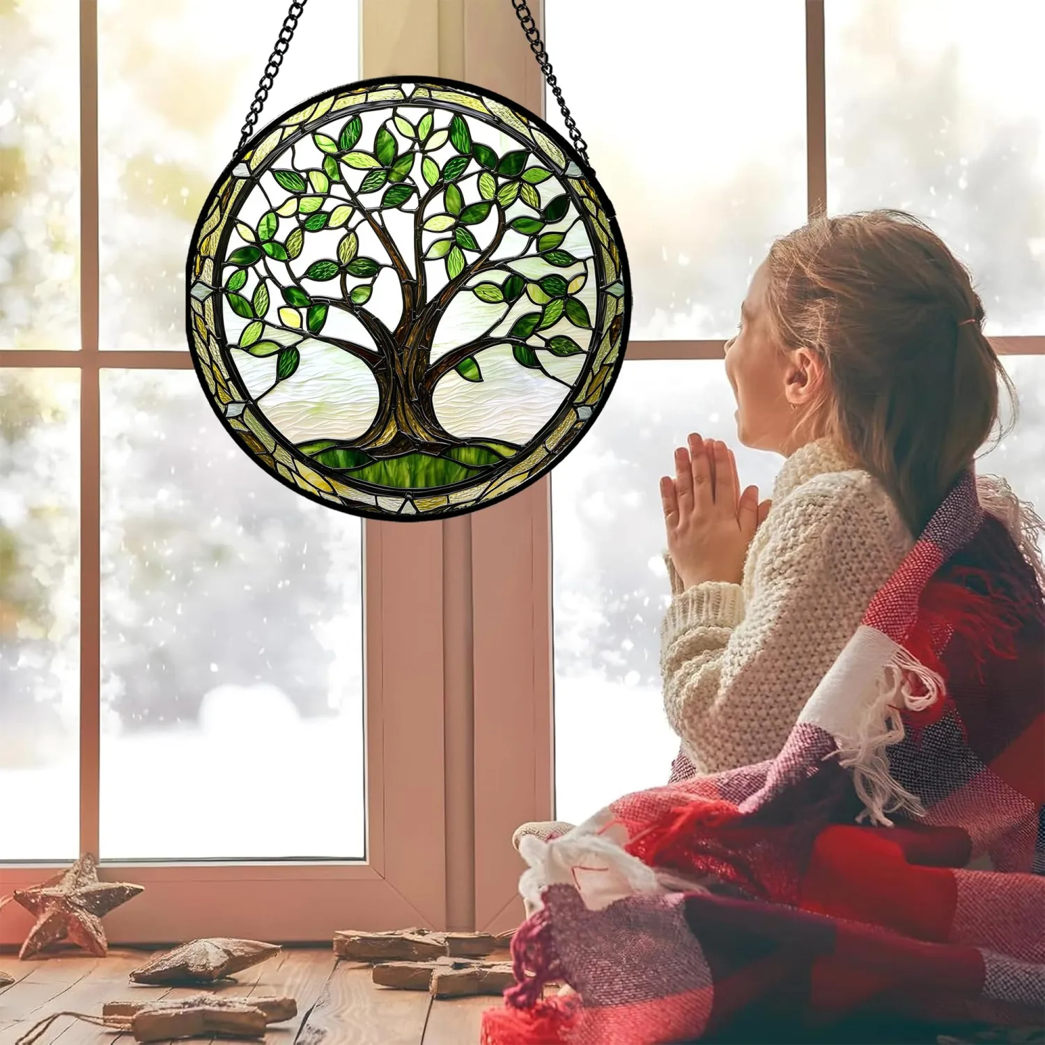 Green Tree of Life Stained Glass Window Hanging Decor Gifts for Women 6.3"