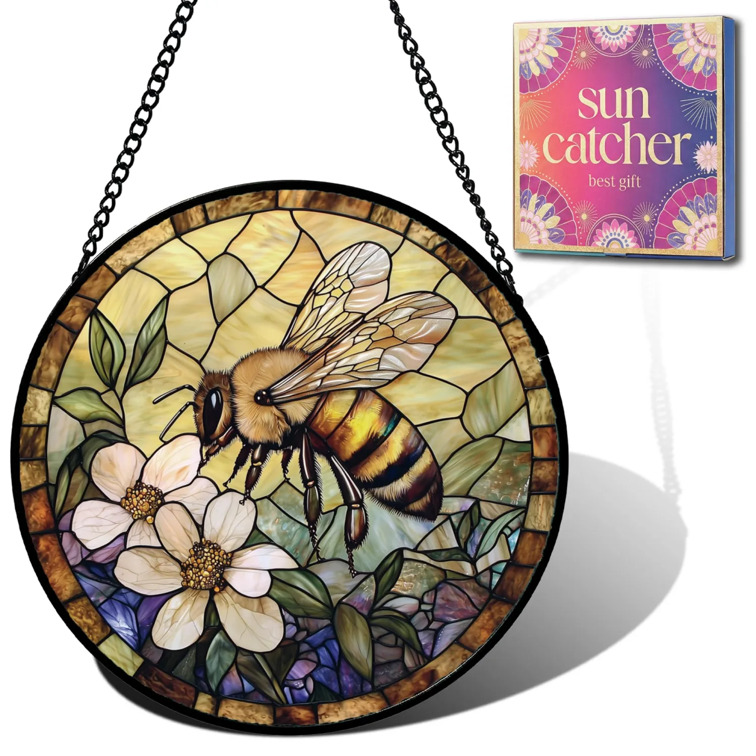 Bee Gifts for Mom - Bees Flowers Faux Stained Glass Window Hanging Sun Catcher for Door Garden Acrylic Decor Mother's Day Birthday Stocking Stuffer Gift for Women Nana Friend Men Grandma 6.3"