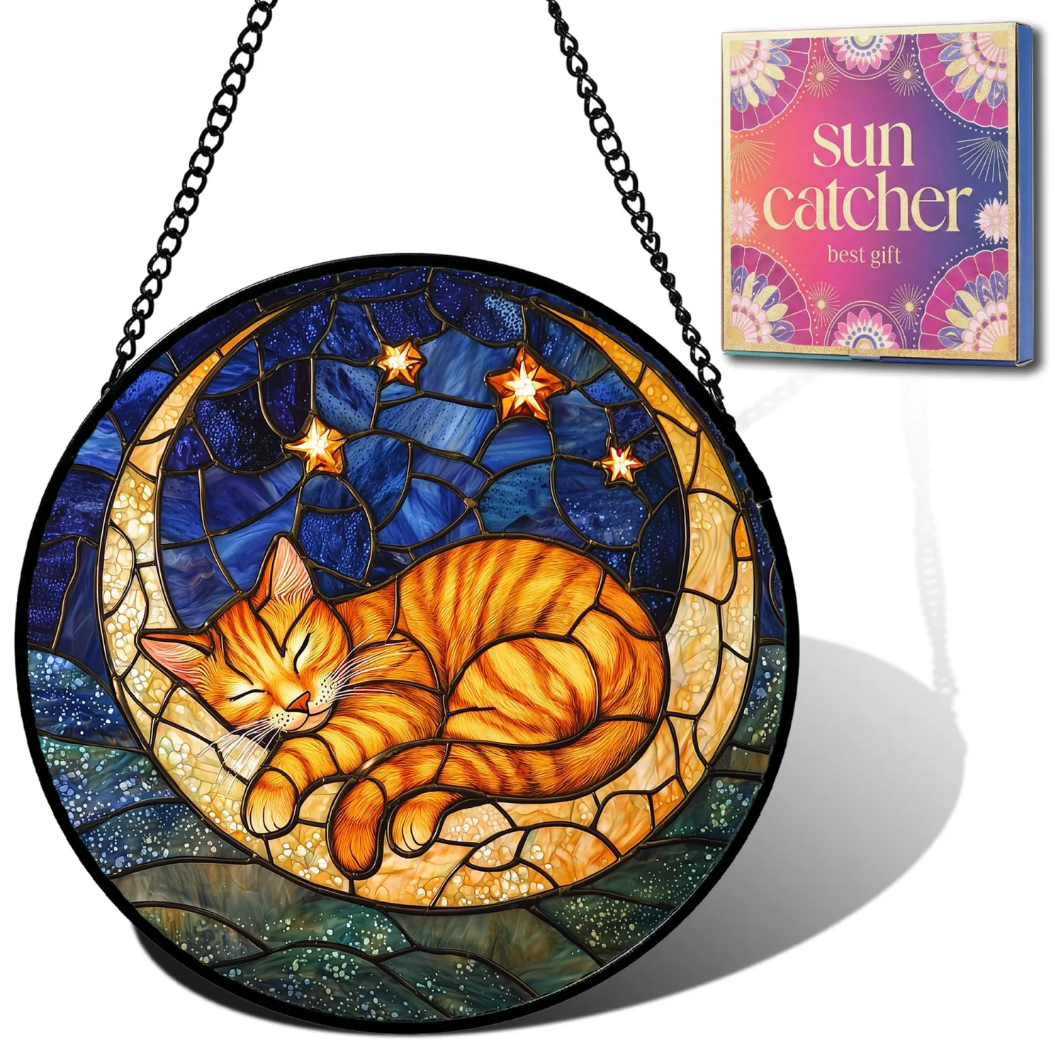 Orange Cat Moon and Stars Suncatcher Sun Catchers Indoor Window Gifts 6.3"