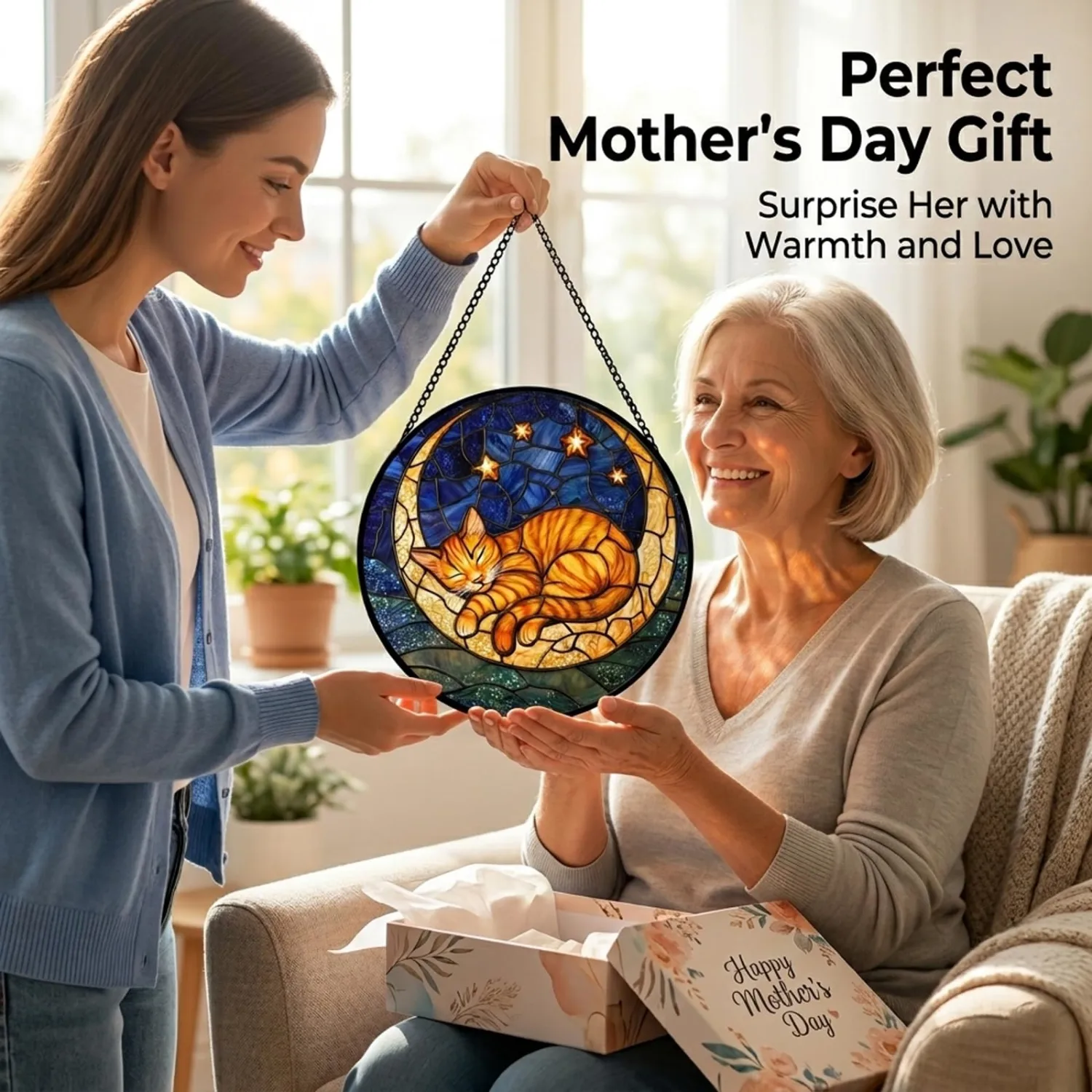 Orange Cat Moon and Stars Suncatcher Sun Catchers Indoor Window Gifts 6.3"