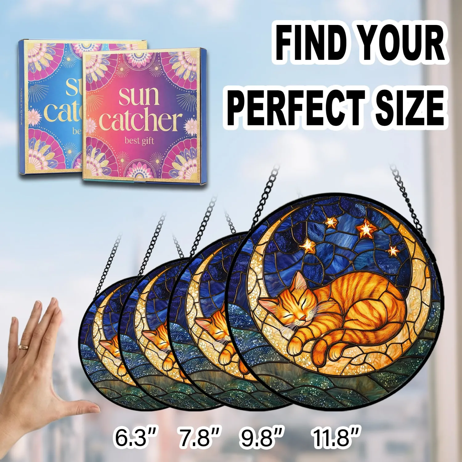 Orange Cat Moon and Stars Suncatcher Sun Catchers Indoor Window Gifts 6.3"