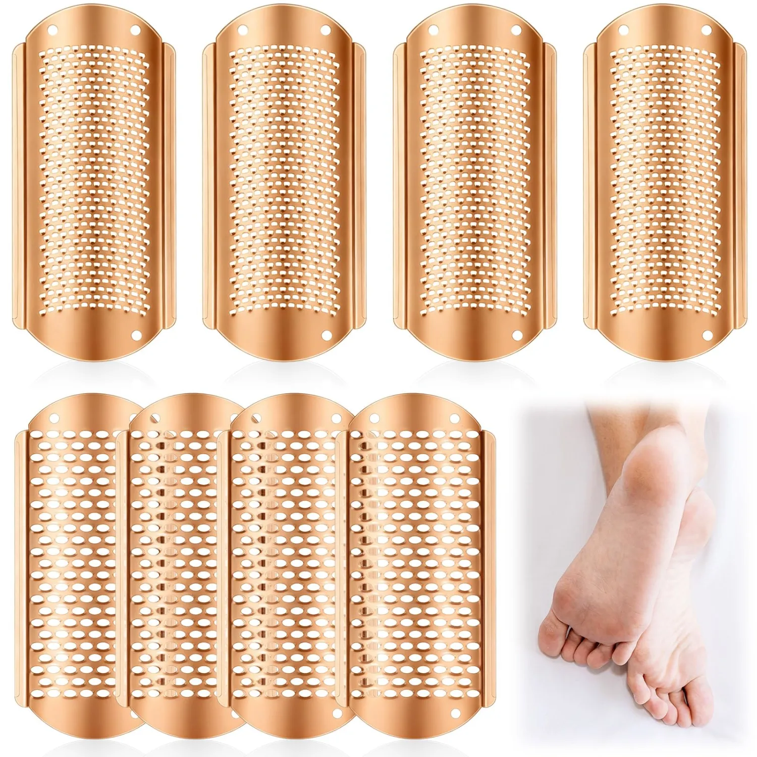 Moxweyeni 8 Pack Rose Gold Foot File Callus Remover Replacement Blades Metal Pedicure Rasp Hard Skin Remove Scrubber Stainless Steel 2 Designs Big/fine Hole for Detachable Foot Grater