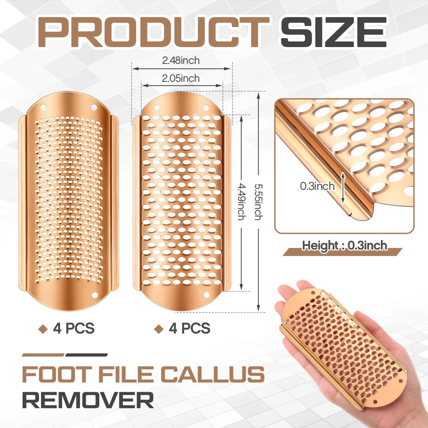 Moxweyeni 8 Pack Rose Gold Foot File Callus Remover Replacement Blades Metal Pedicure Rasp Hard Skin Remove Scrubber Stainless Steel 2 Designs Big/fine Hole for Detachable Foot Grater