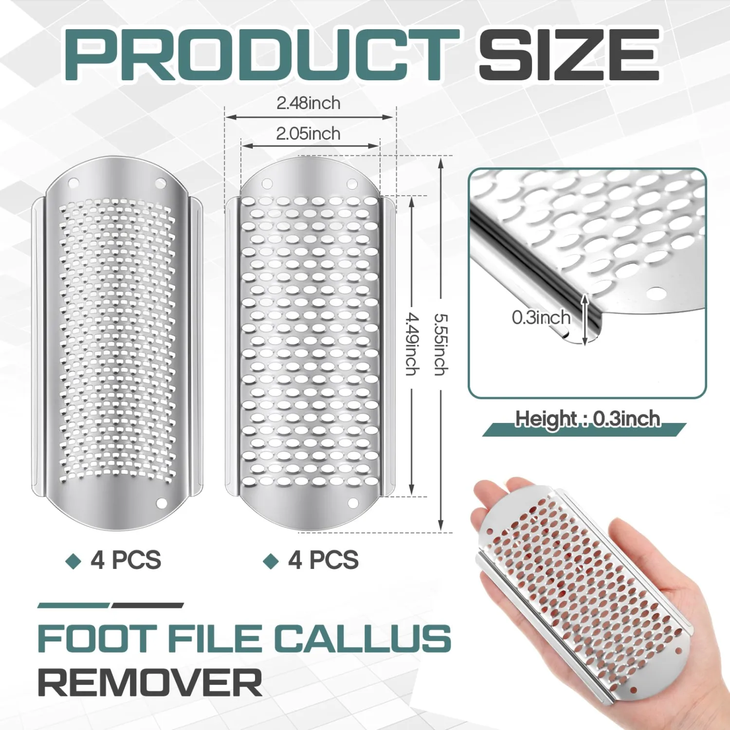 Moxweyeni 8 Pack Silver Foot File Callus Remover Replacement Blades Metal Pedicure Rasp Hard Skin Remove Scrubber Stainless Steel 2 Designs Big/fine Hole for Detachable Foot Grater