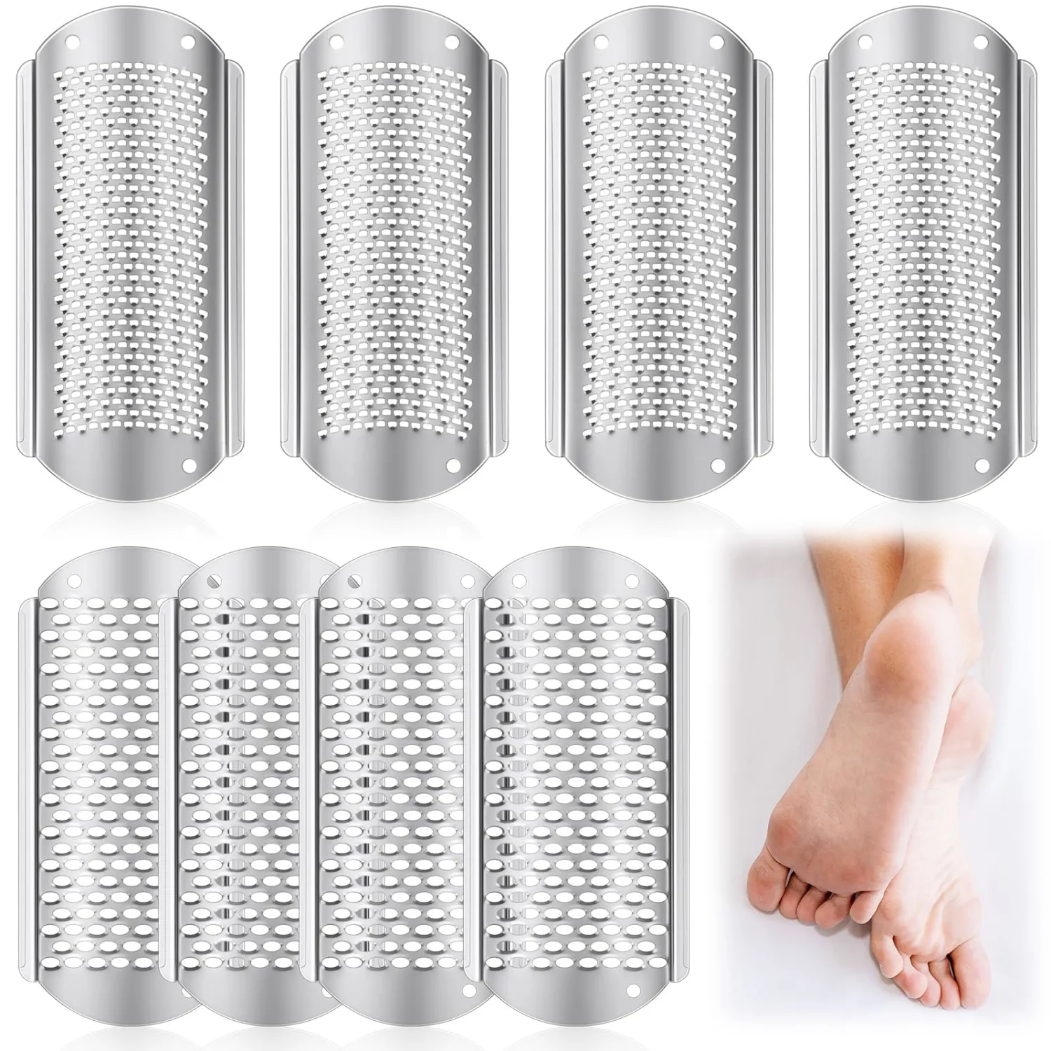 Moxweyeni 8 Pack Silver Foot File Callus Remover Replacement Blades Metal Pedicure Rasp Hard Skin Remove Scrubber Stainless Steel 2 Designs Big/fine Hole for Detachable Foot Grater