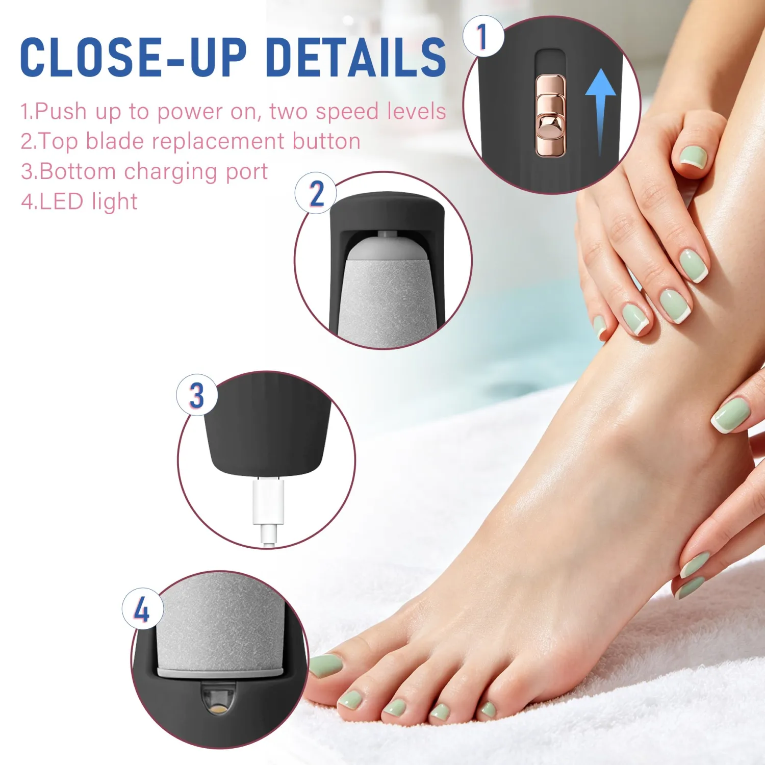 Electric Foot File – Quickly Removes Cracked Heels & Hard Calluses, Rechargeable Pedicure Kit Transforms Rough Feet into Smooth, Sandal-Ready Skin in Minutes