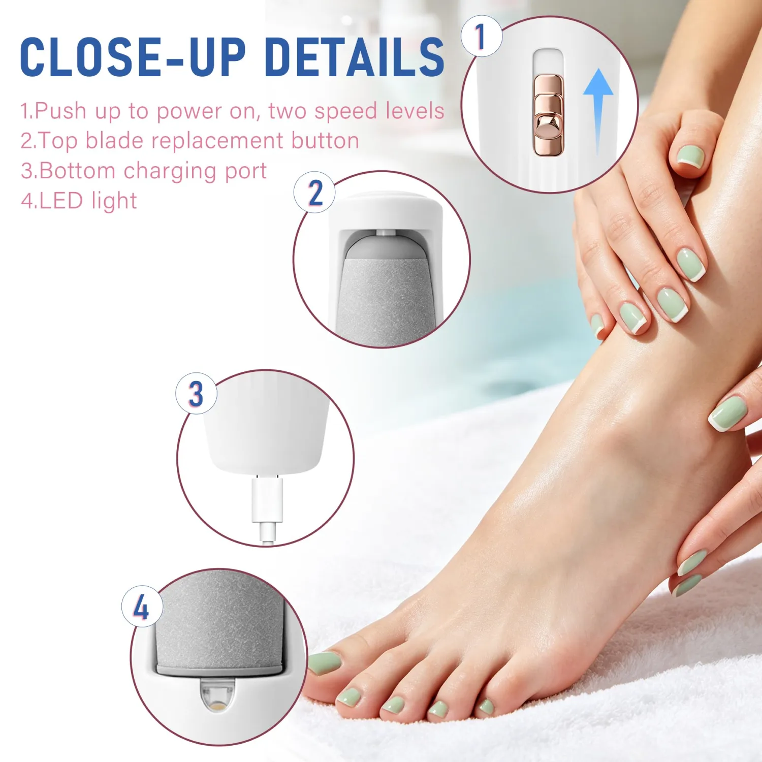 Electric Foot File – Quickly Removes Cracked Heels & Hard Calluses, Rechargeable Pedicure Kit Transforms Rough Feet into Smooth, Sandal-Ready Skin in Minutes