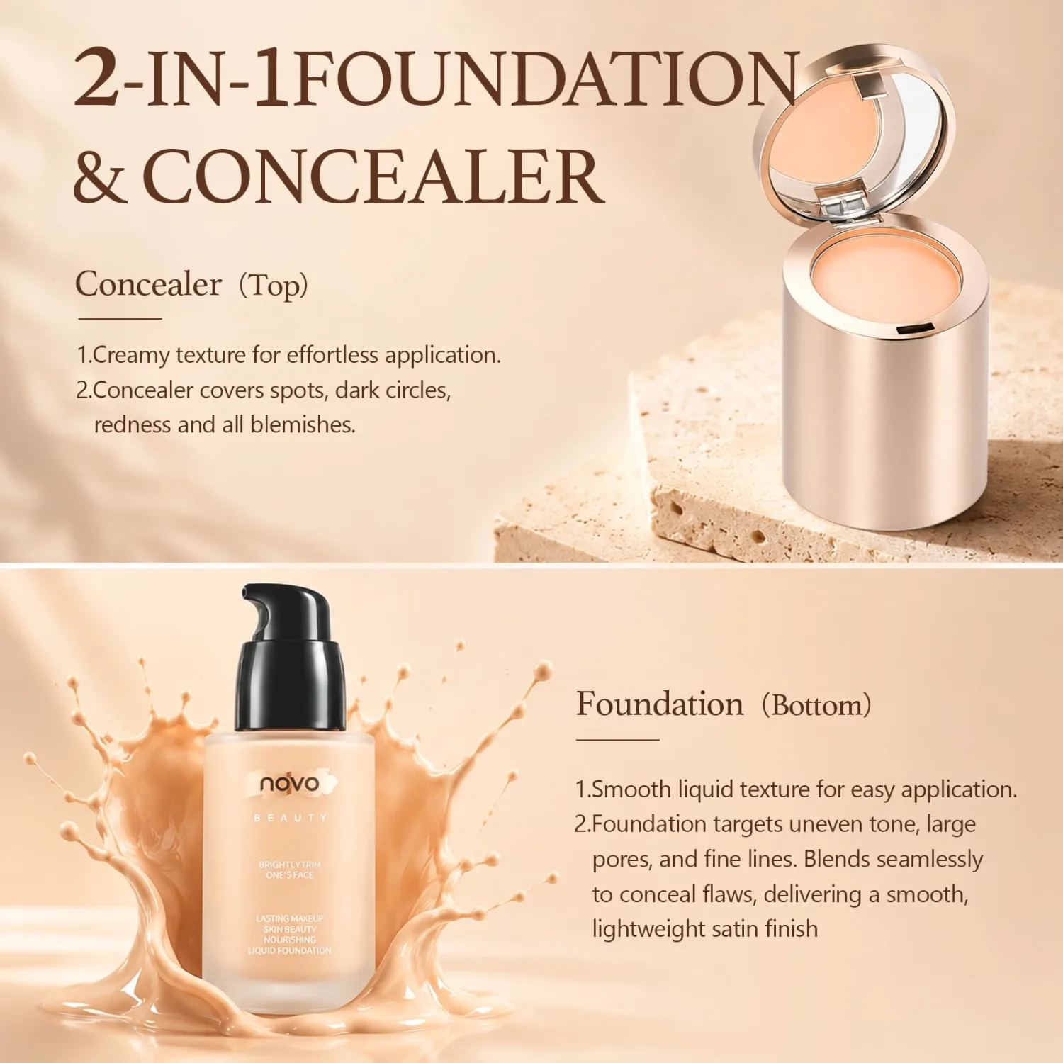 2-in-1 Full Coverage Liquid Foundation + Cream Concealer, Natural Beige