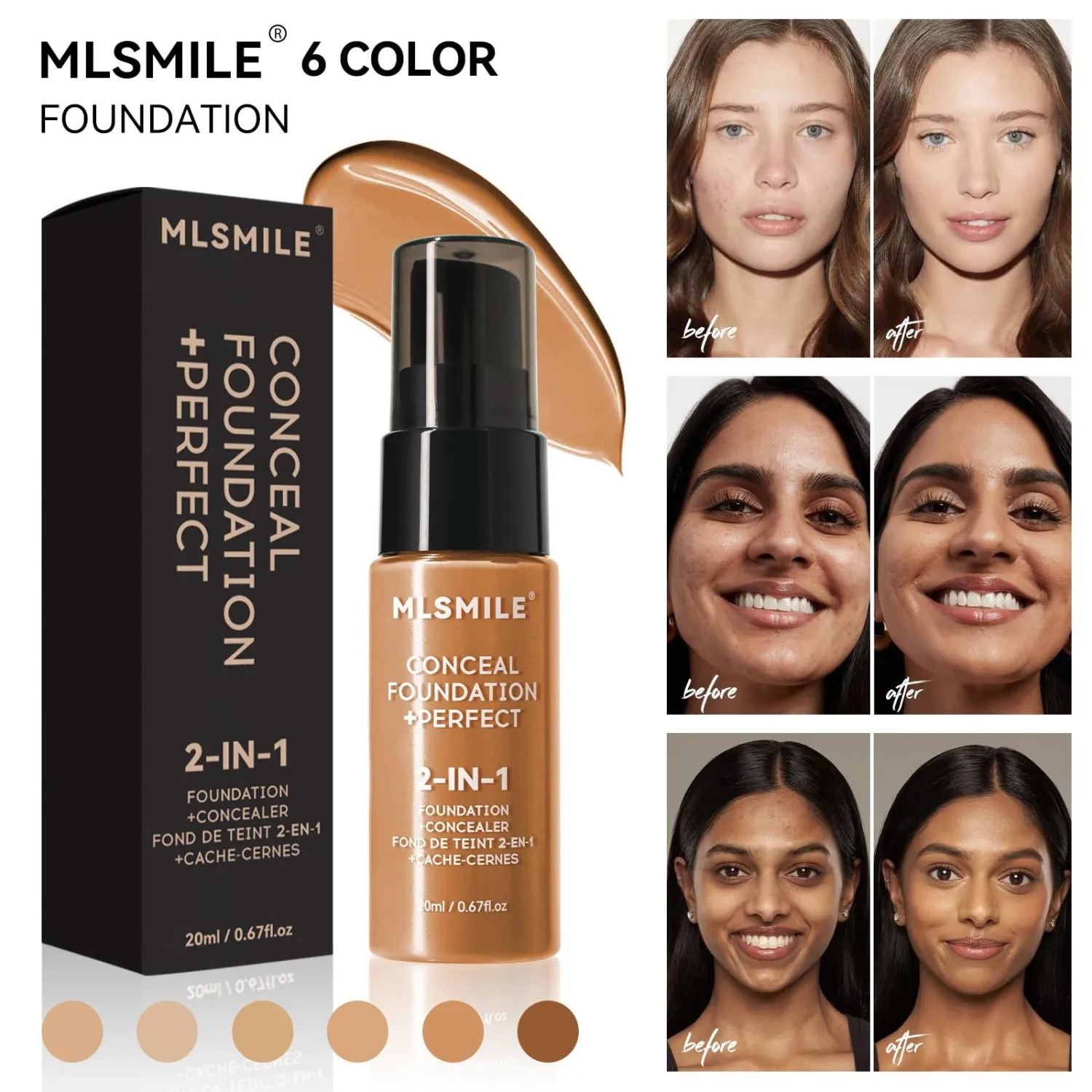 2-in-1 Concealer Foundation, 20ml, Long-Lasting Waterproof Coverage, Black Pump Bottle (02#, 20ml)