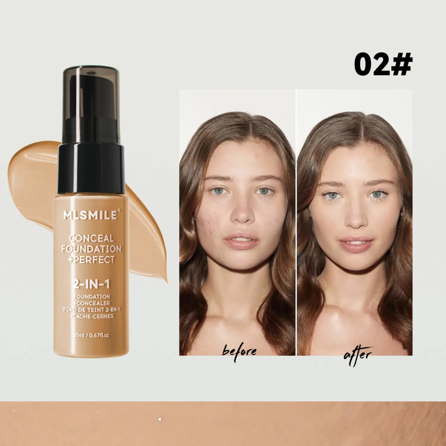 2-in-1 Concealer Foundation, 20ml, Long-Lasting Waterproof Coverage, Black Pump Bottle (02#, 20ml)