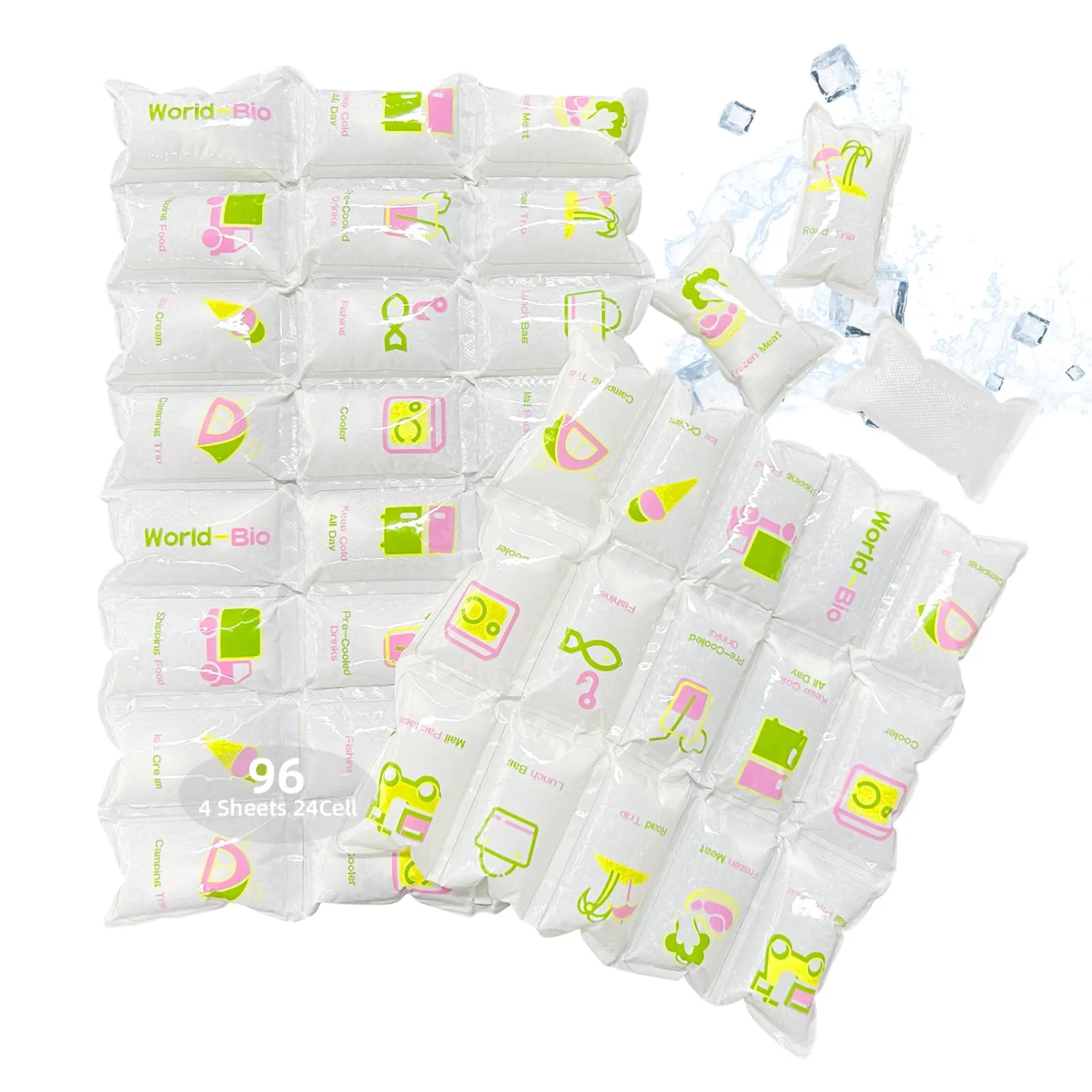 WORLD-BIO Dry Ice Packs for Shipping & Coolers, Shipping Ice Sheets for Coolers Reusable, Long Lasting Dry Ice for Shipping Food, Keep Food Drink Cold,17'' X 9.3'' 96 Cells