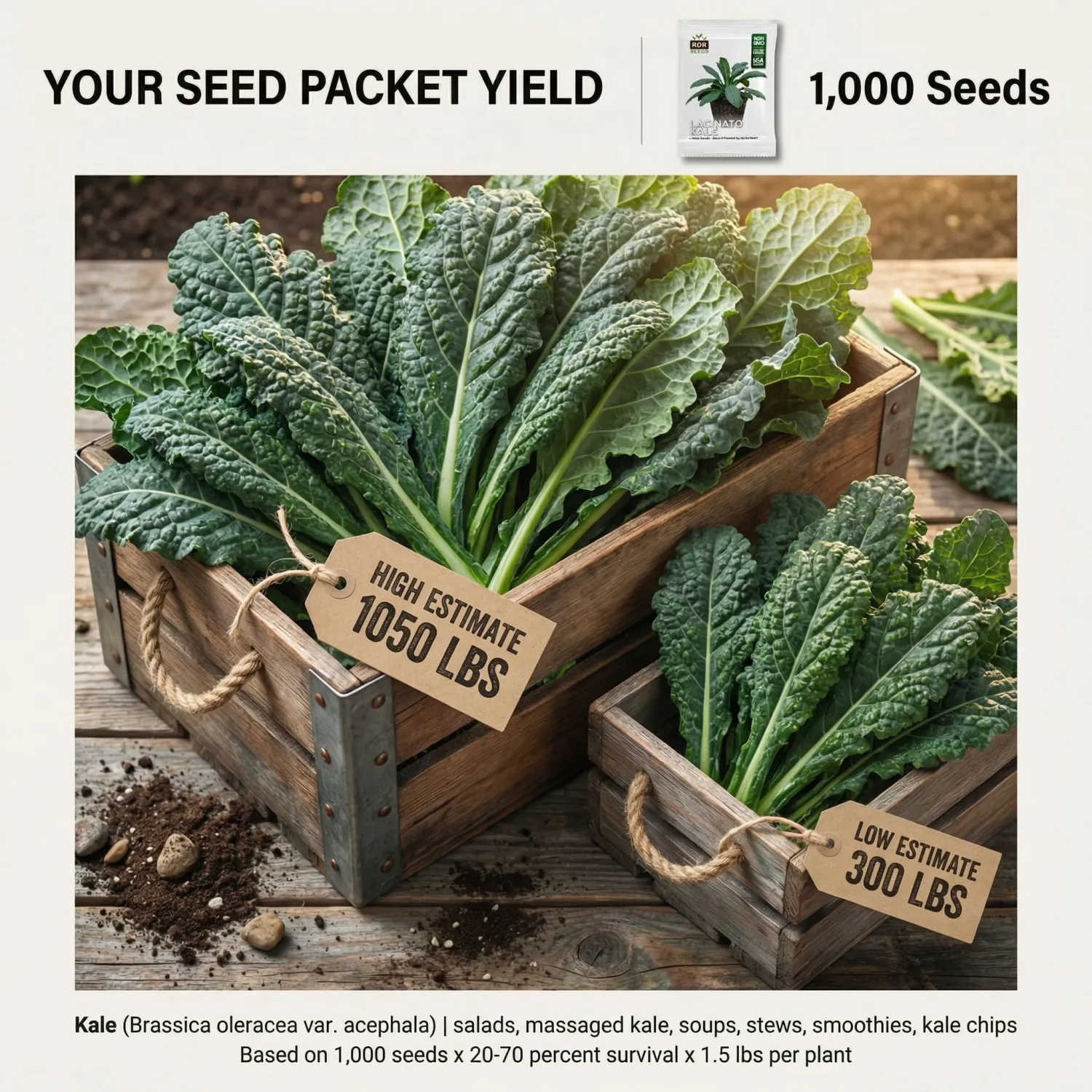 1000 Lacinato Kale Seeds for Planting - Tuscan Heirloom Dinosaur Kale, Non-GMO, USA Grown by RDR Seeds