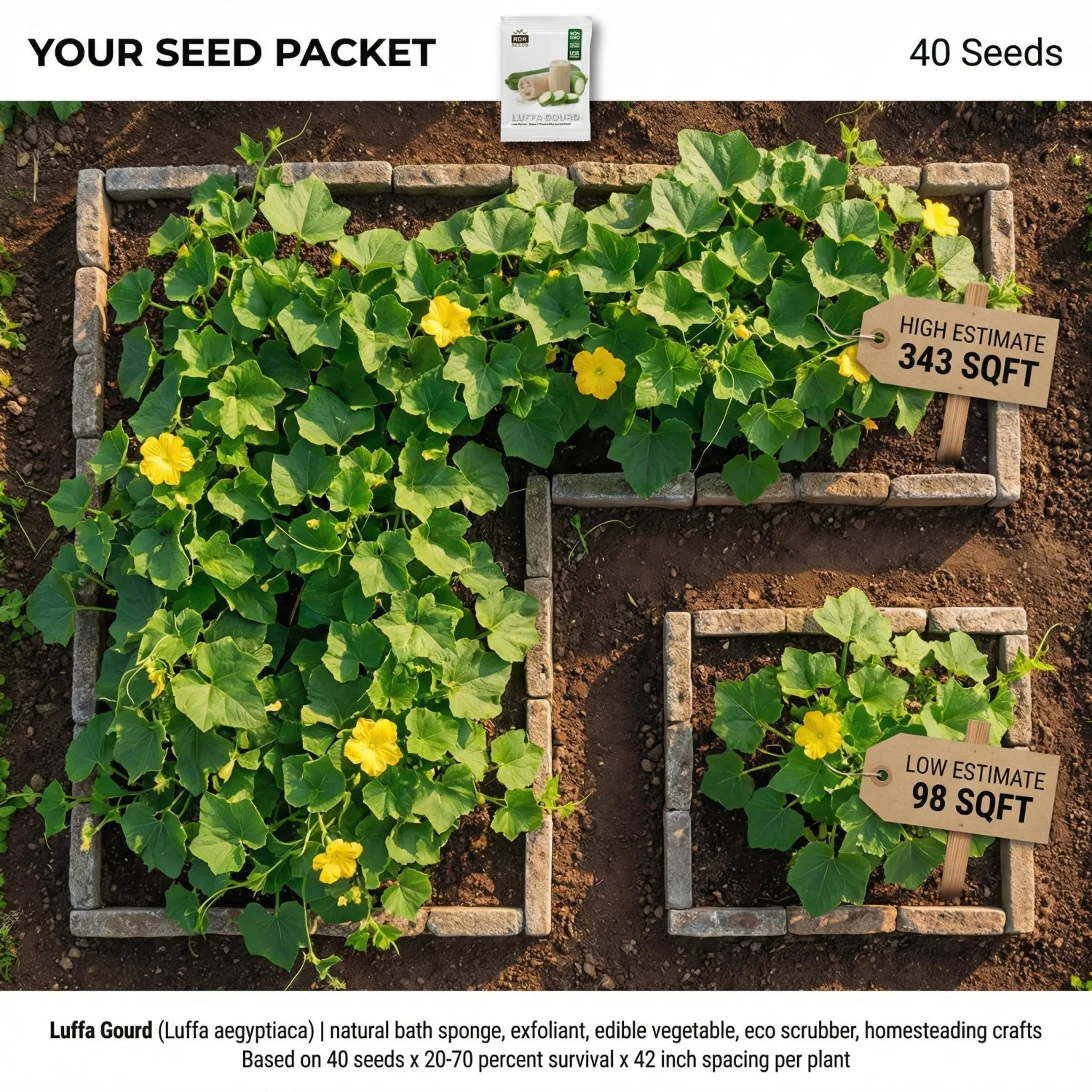40 Loofah (Luffa) Gourd Seeds for Planting - Dual-Use Sponge and Edible Vine, Heirloom, Non-GMO, USA Grown by RDR Seeds