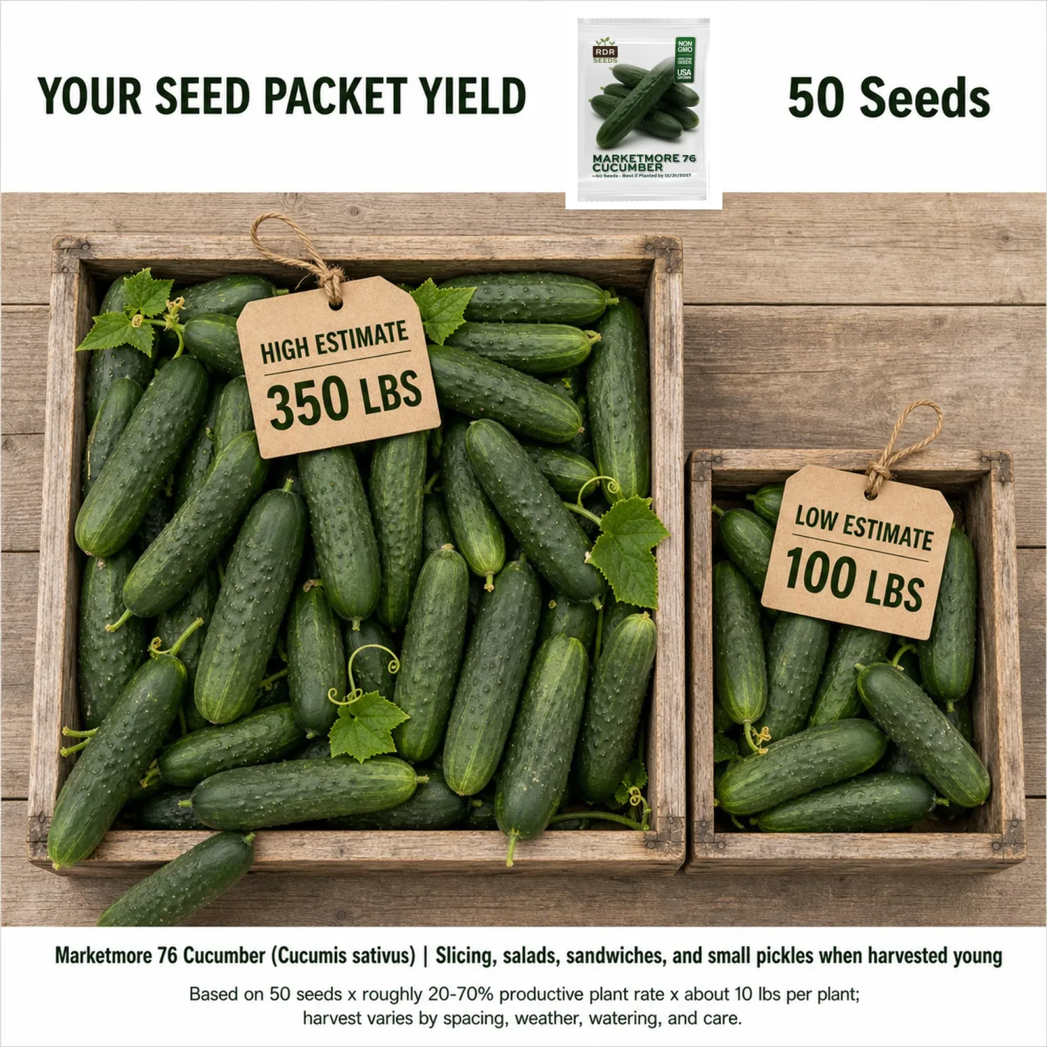 50 Marketmore 76 Cucumber Seeds for Planting - Classic Heirloom Slicer, Non-GMO, USA Grown by RDR Seeds