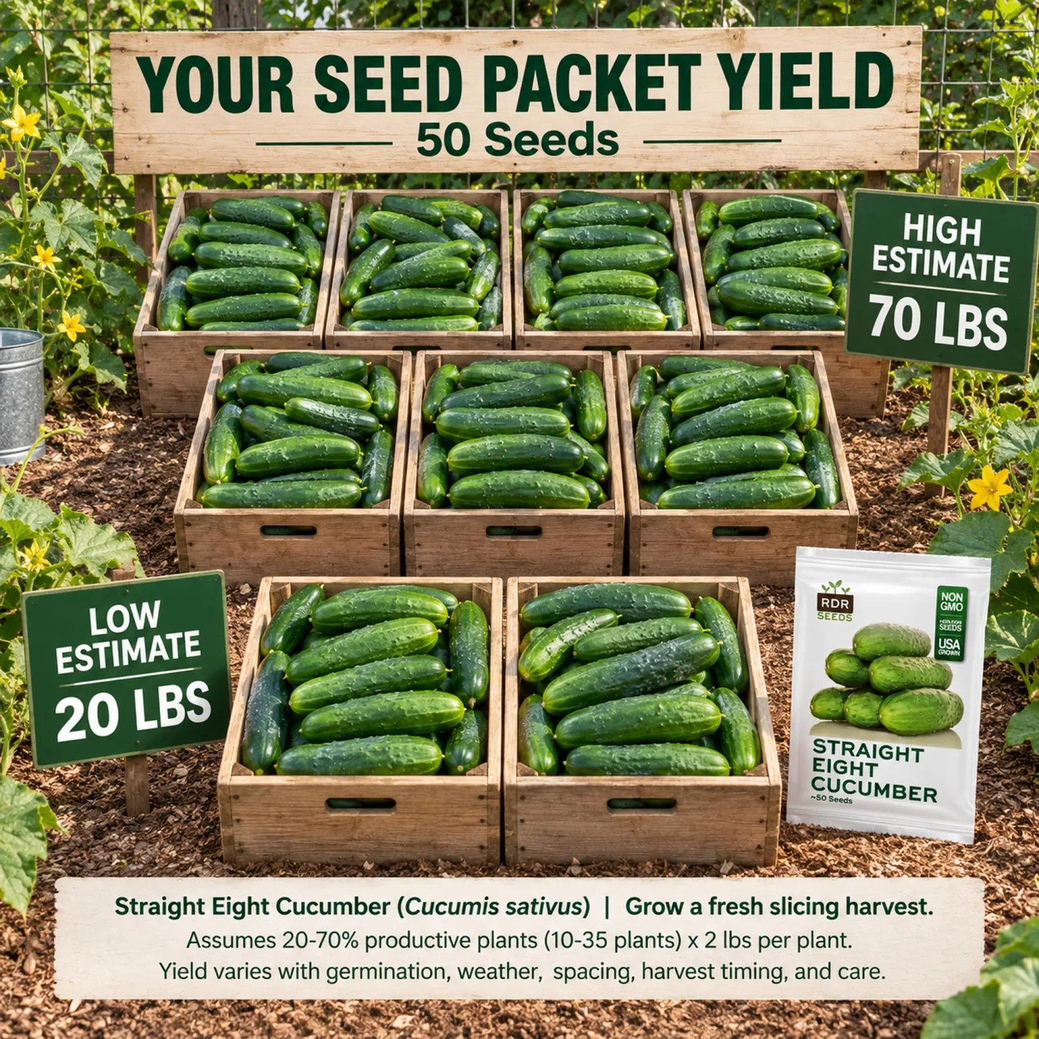 50 Cucumber Seeds for Planting - Heirloom, Straight Eight