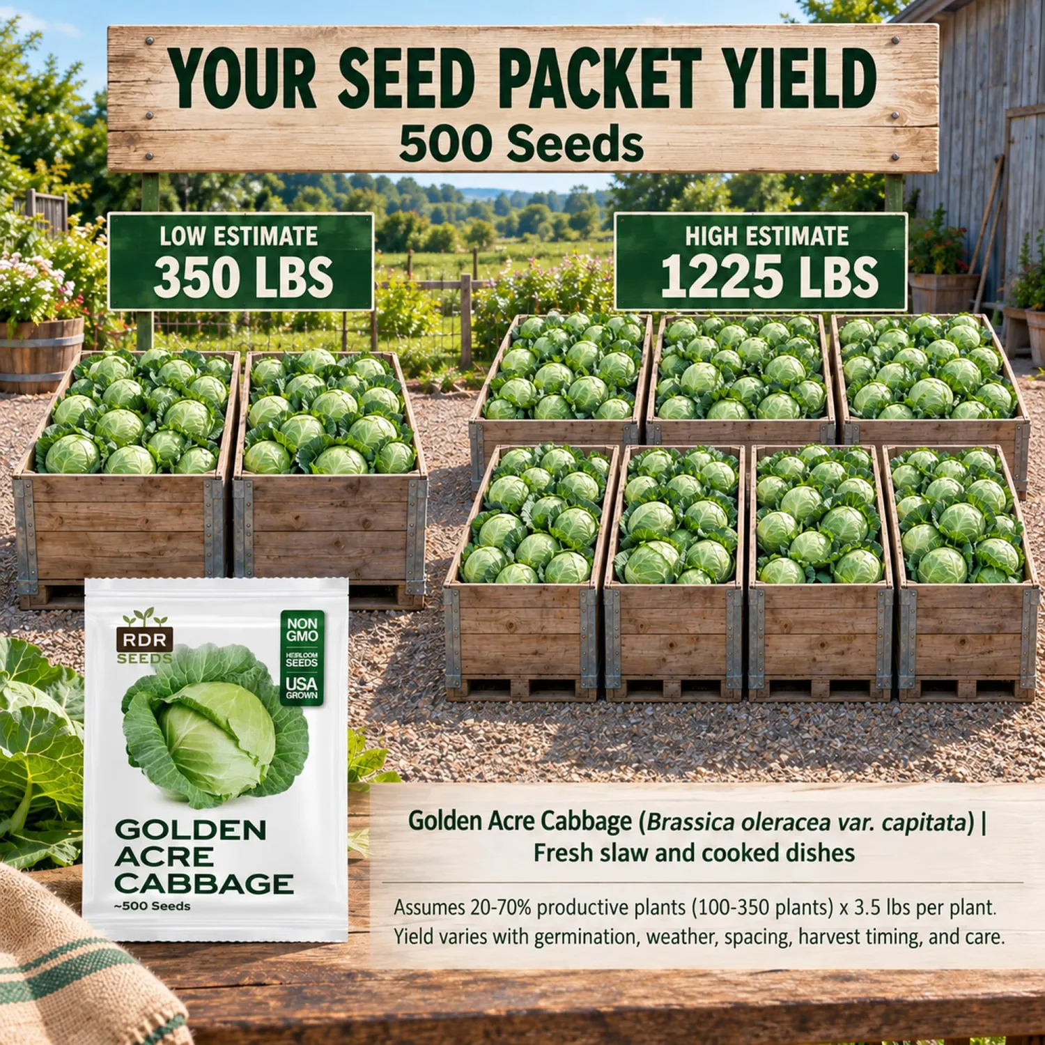 500 Green Cabbage Seeds for Planting - Heirloom, Golden Acre