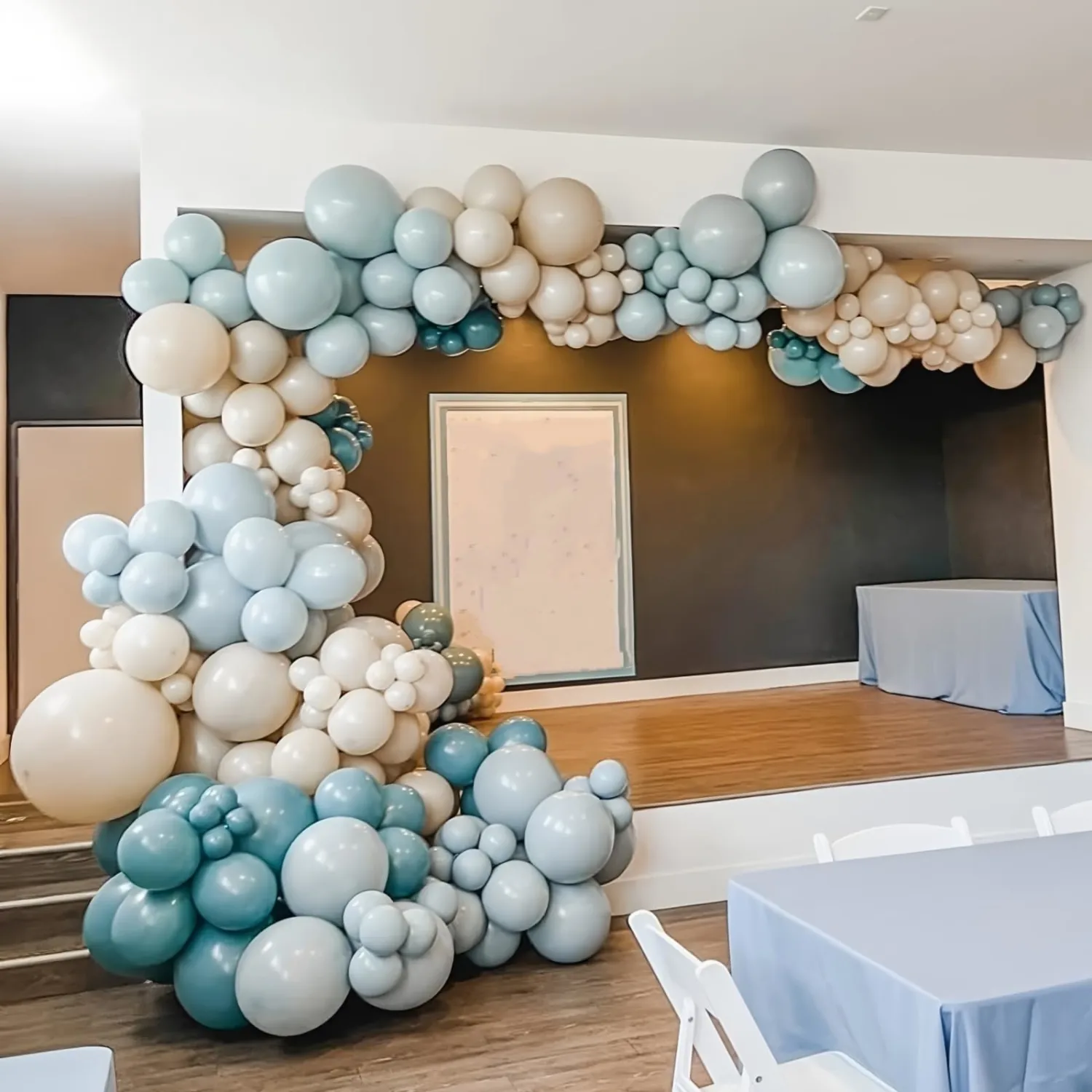 Dusty Blue Beige White Balloon Coastal Sea Birthday Party Decor Baby Shower