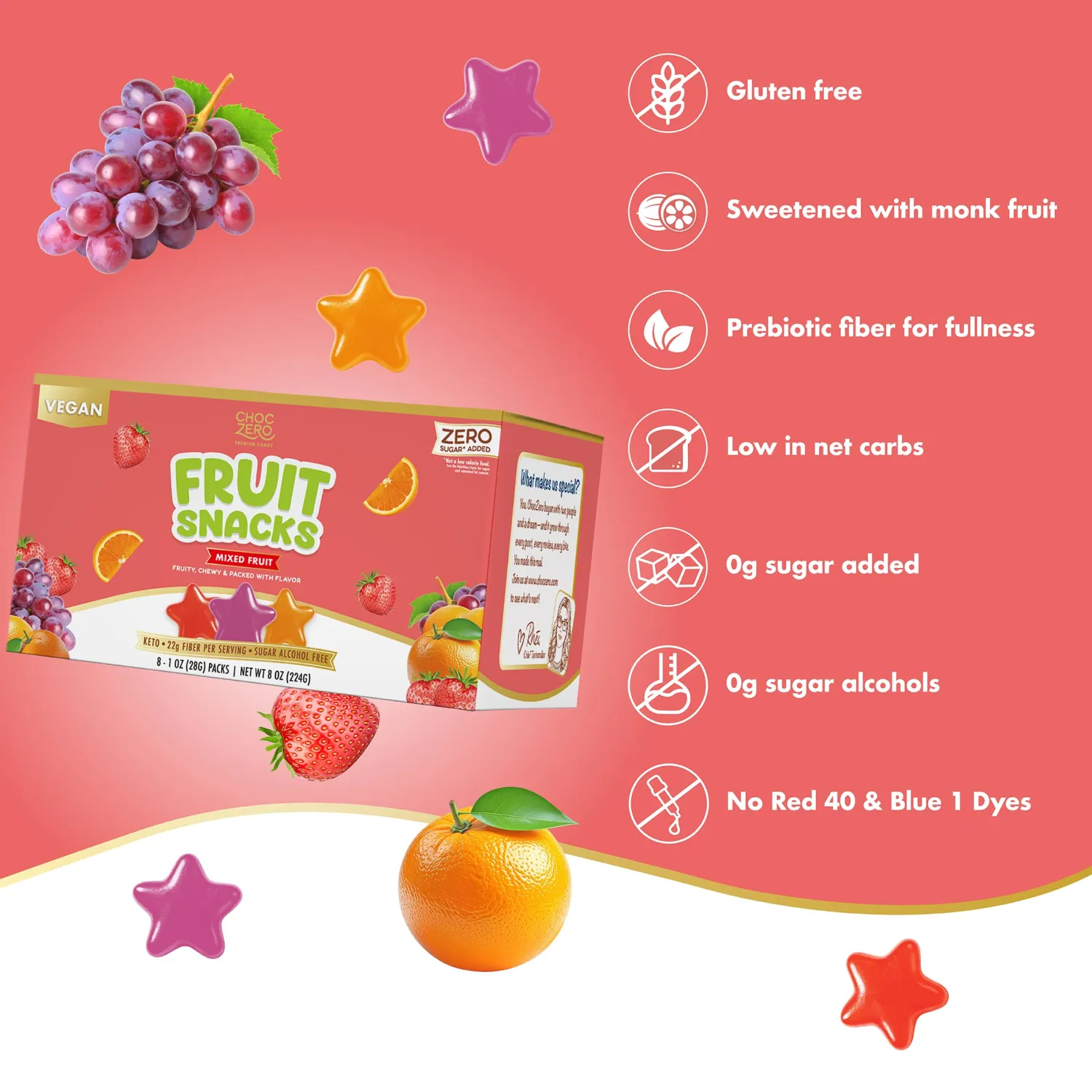 ChocZero Sugar Free Fruit Snacks, Made with Real Fruit, 8 Snack Packs