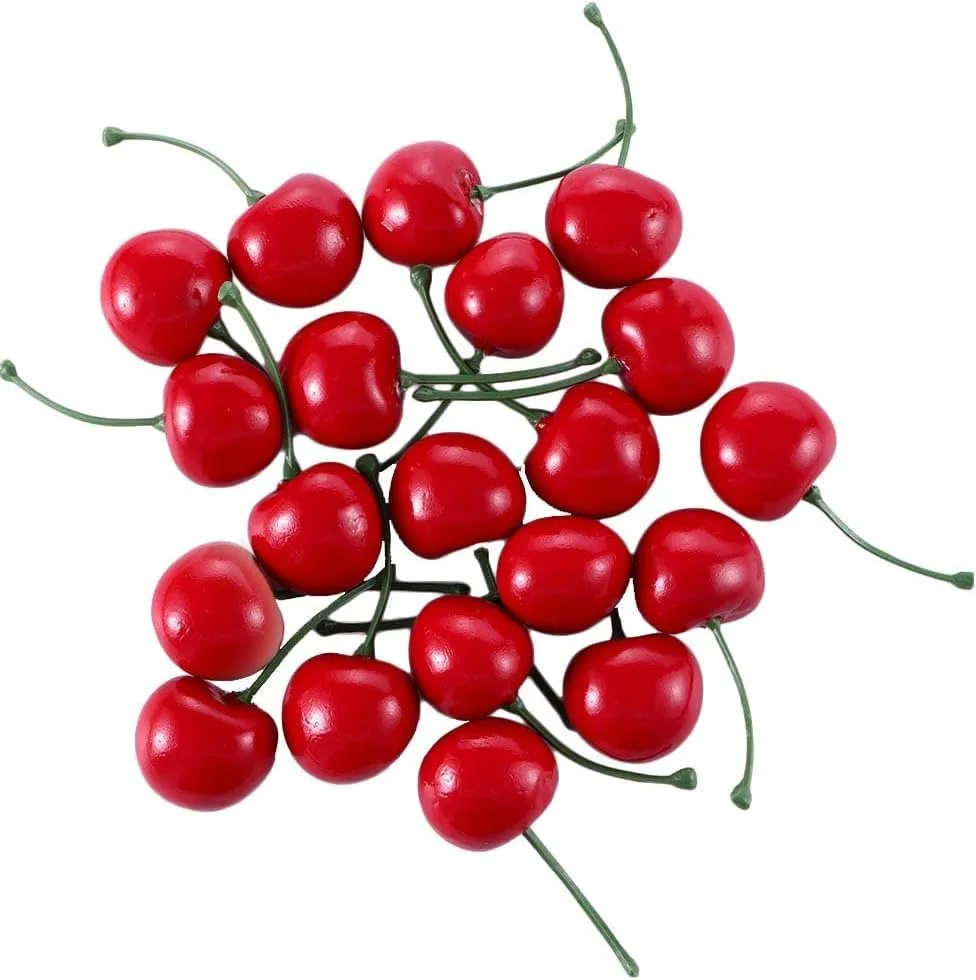 PETCTN 20pcs Red Artificial Cherries, Fake Fruit Decor Simulation Cherry Model Lifelike Fruit Cherry Ornament, Home Kitchen Party Decoration Desk Ornament Photography Prop