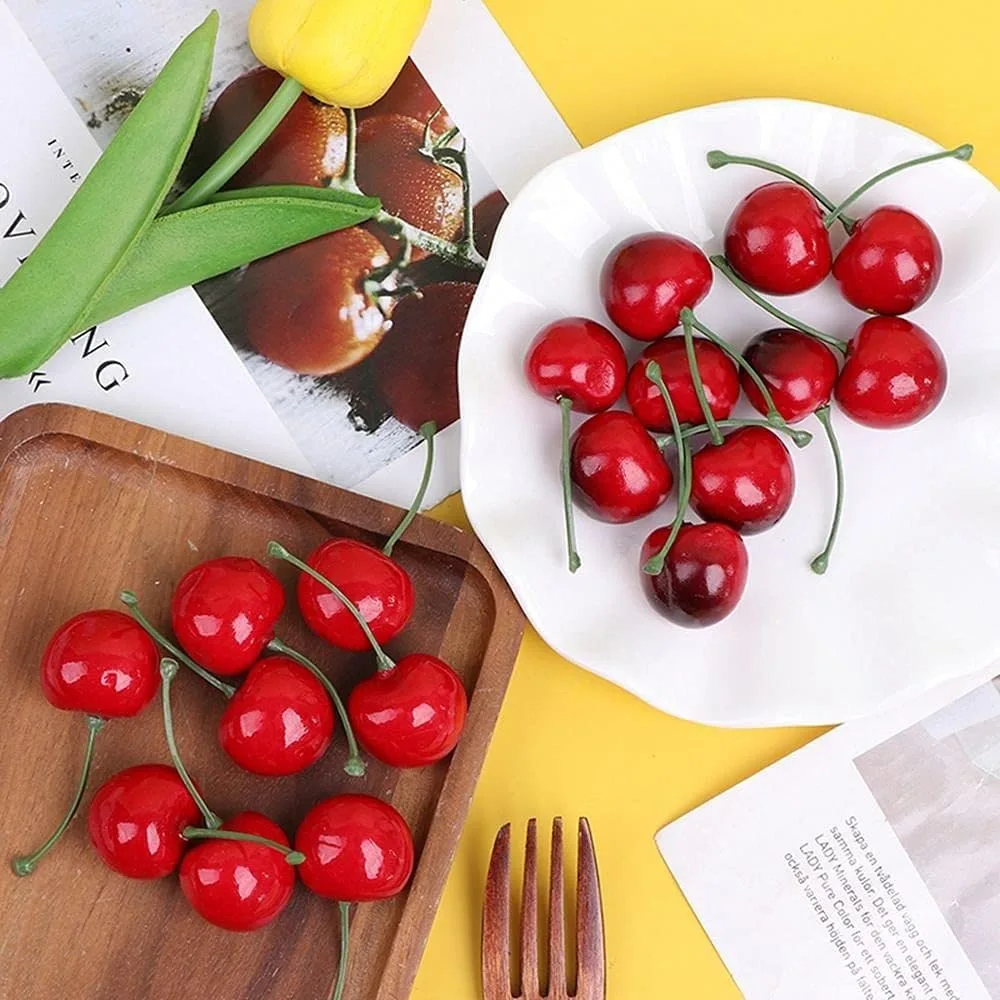 PETCTN 20pcs Red Artificial Cherries, Fake Fruit Decor Simulation Cherry Model Lifelike Fruit Cherry Ornament, Home Kitchen Party Decoration Desk Ornament Photography Prop