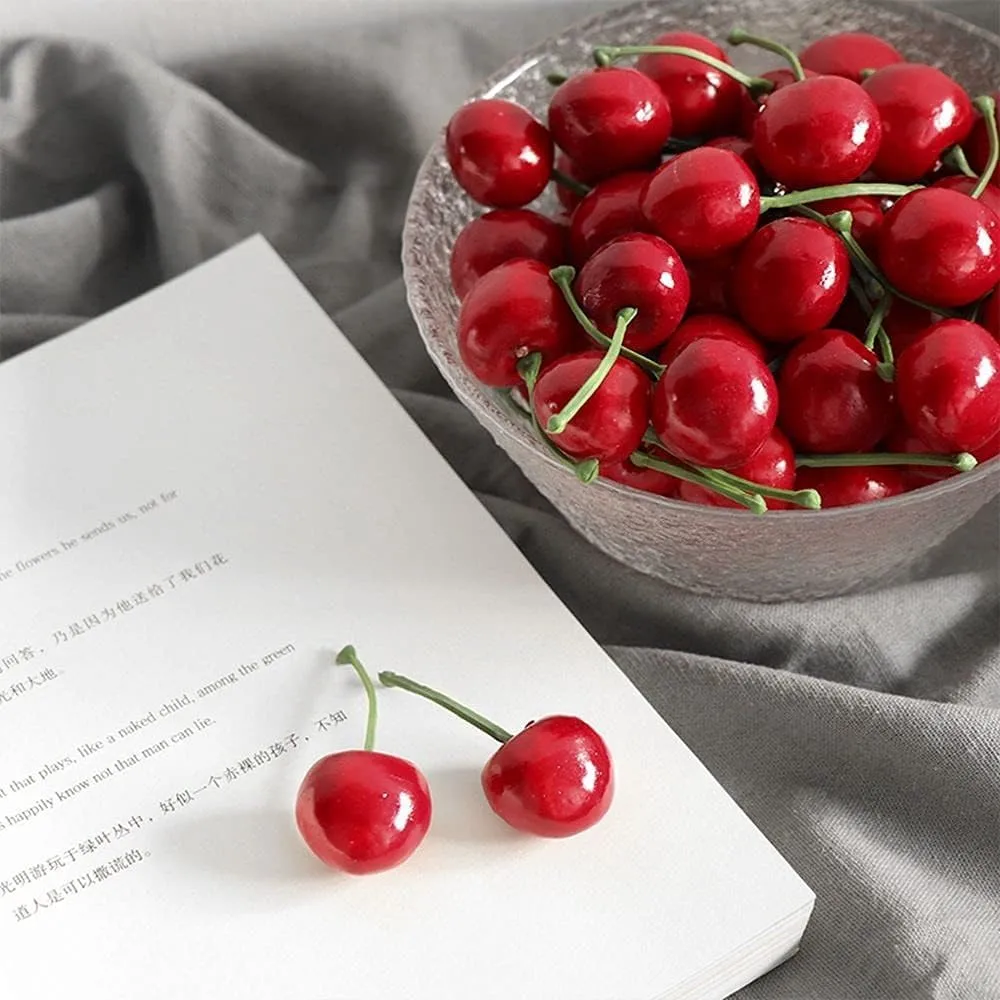 PETCTN 20pcs Red Artificial Cherries, Fake Fruit Decor Simulation Cherry Model Lifelike Fruit Cherry Ornament, Home Kitchen Party Decoration Desk Ornament Photography Prop