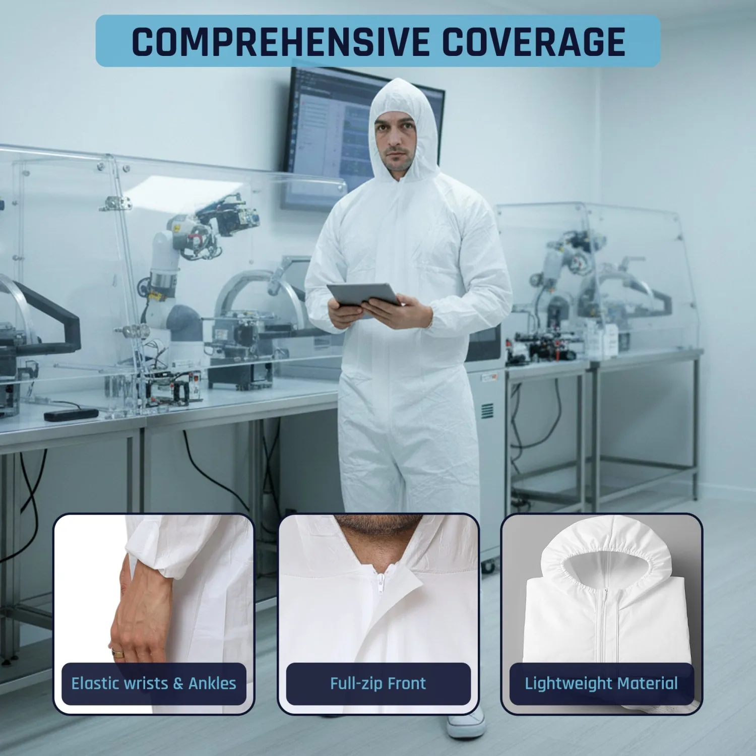 Microporous Disposable Coveralls, Protective Suit with Elastic Wrists & Ankles, Optional Hood & Boots