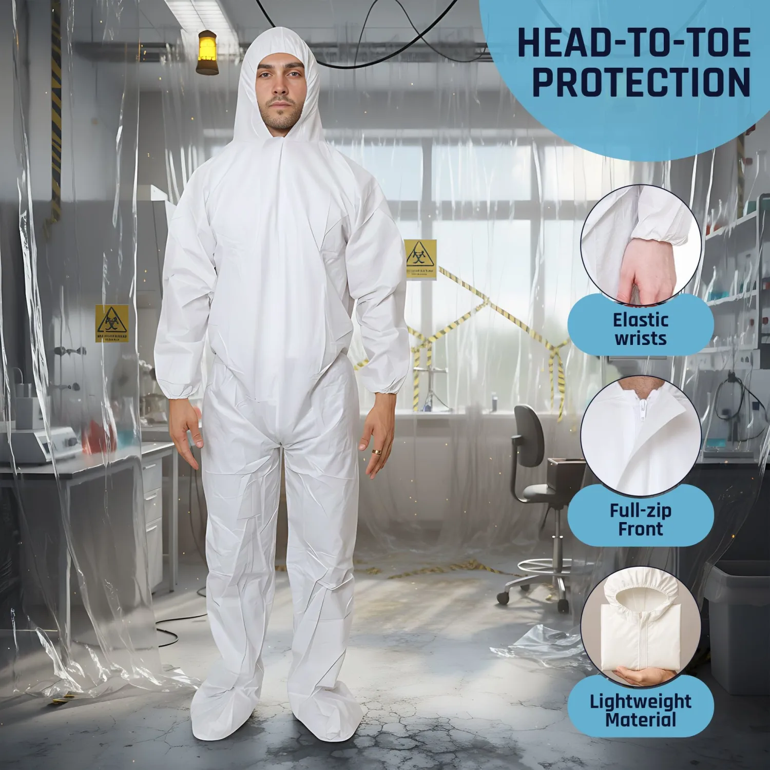 Microporous Disposable Coveralls, Protective Suit with Elastic Wrists & Ankles, Optional Hood & Boots