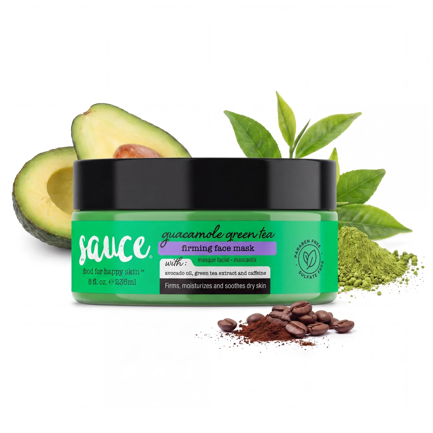 SAUCE Firming Face Mask, Guacamole, Green Tea & Caffeine, 8 Fl Oz
