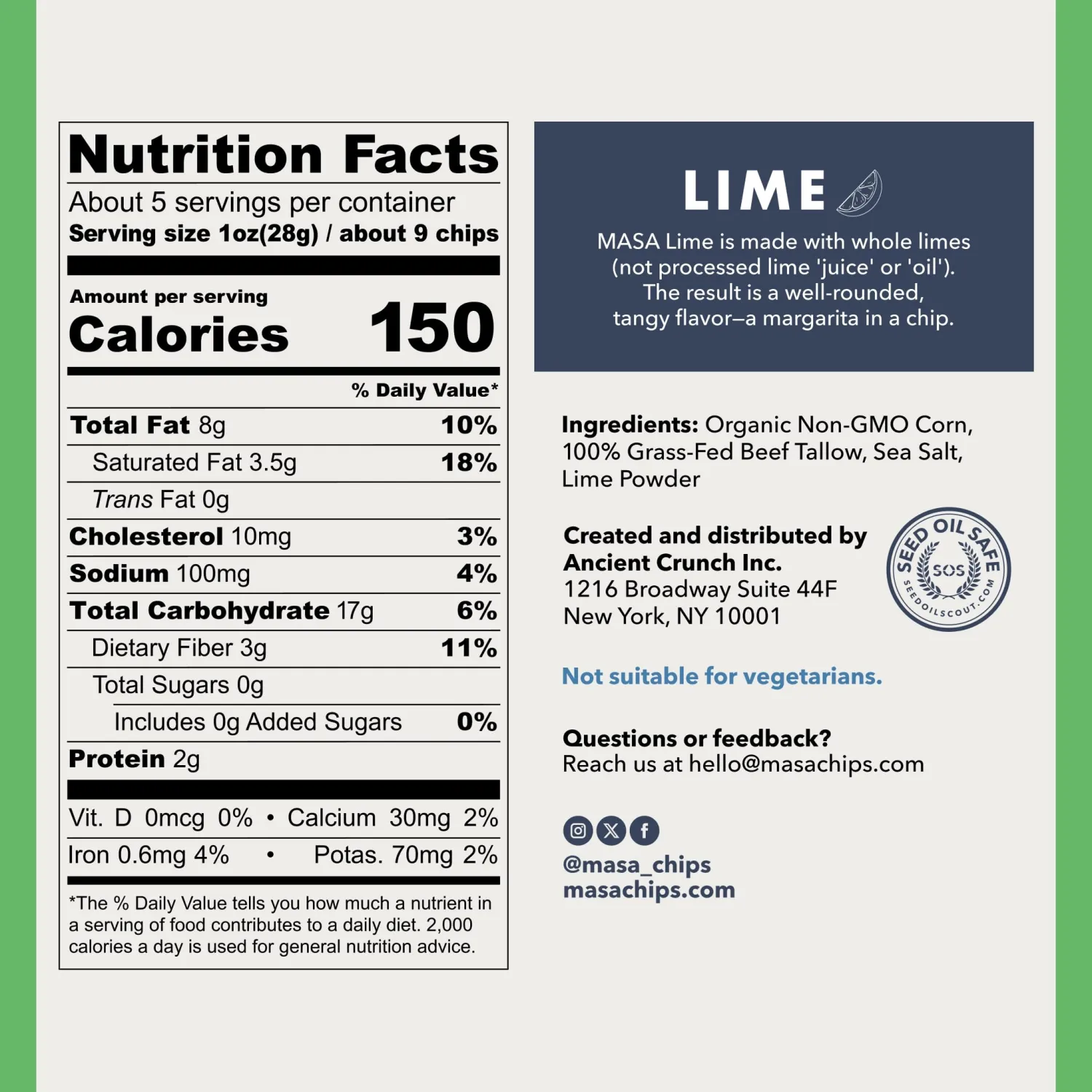 MASA Chips Lime Flavored Corn Tortilla Chips Cooked in Pure Beef Tallow