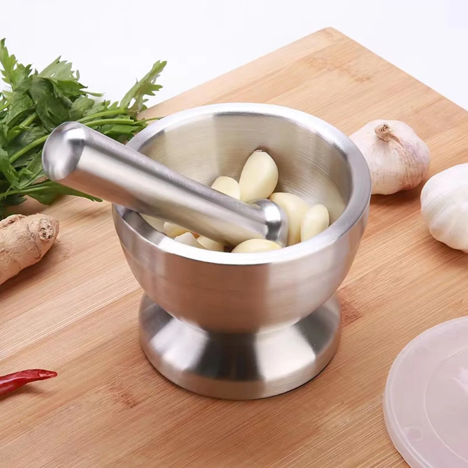 Large Stainless Steel Mortar and Pestle with Lid, Spice Grinder