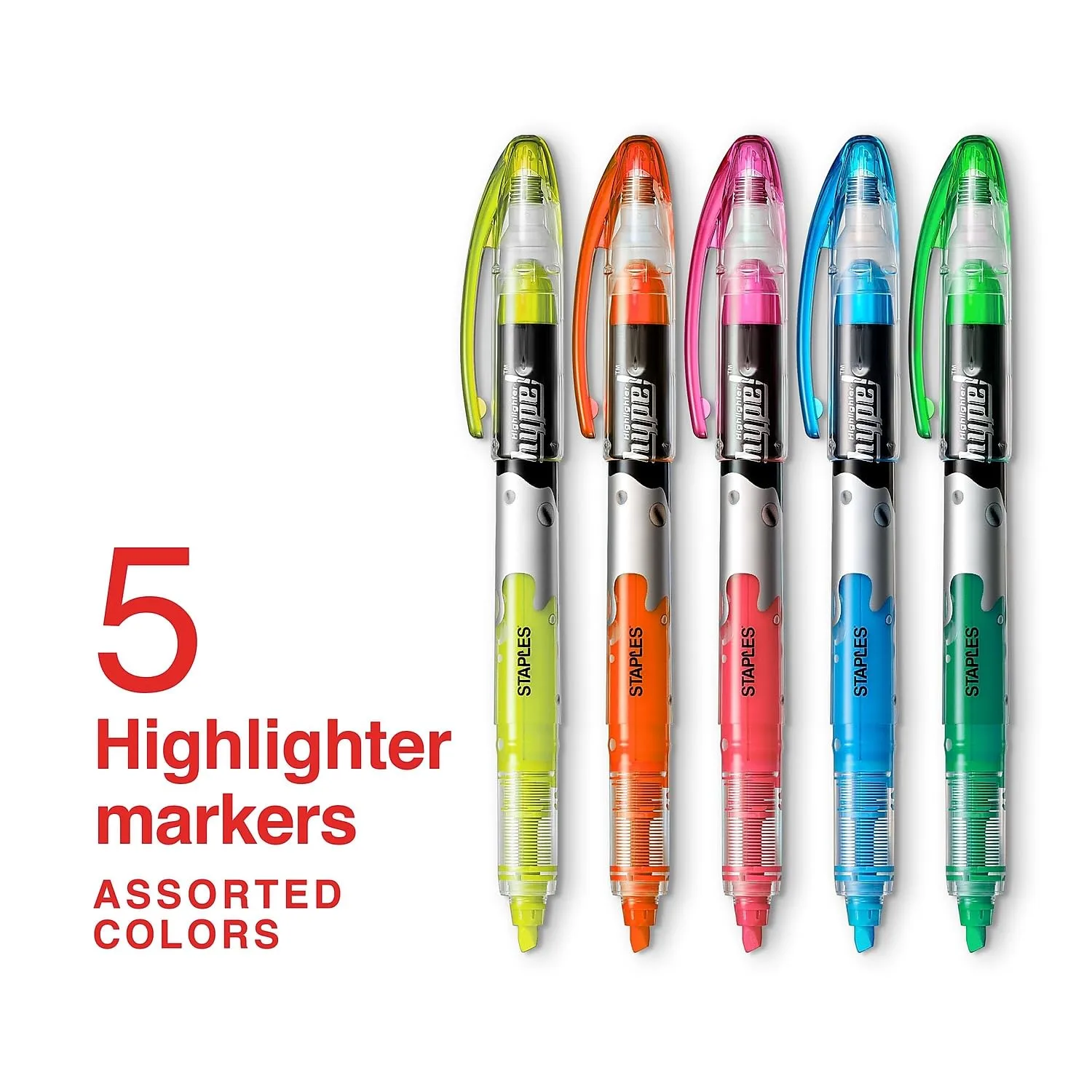 Staples Hype Liquid Highlighters, Assorted Colors, 5-Pack
