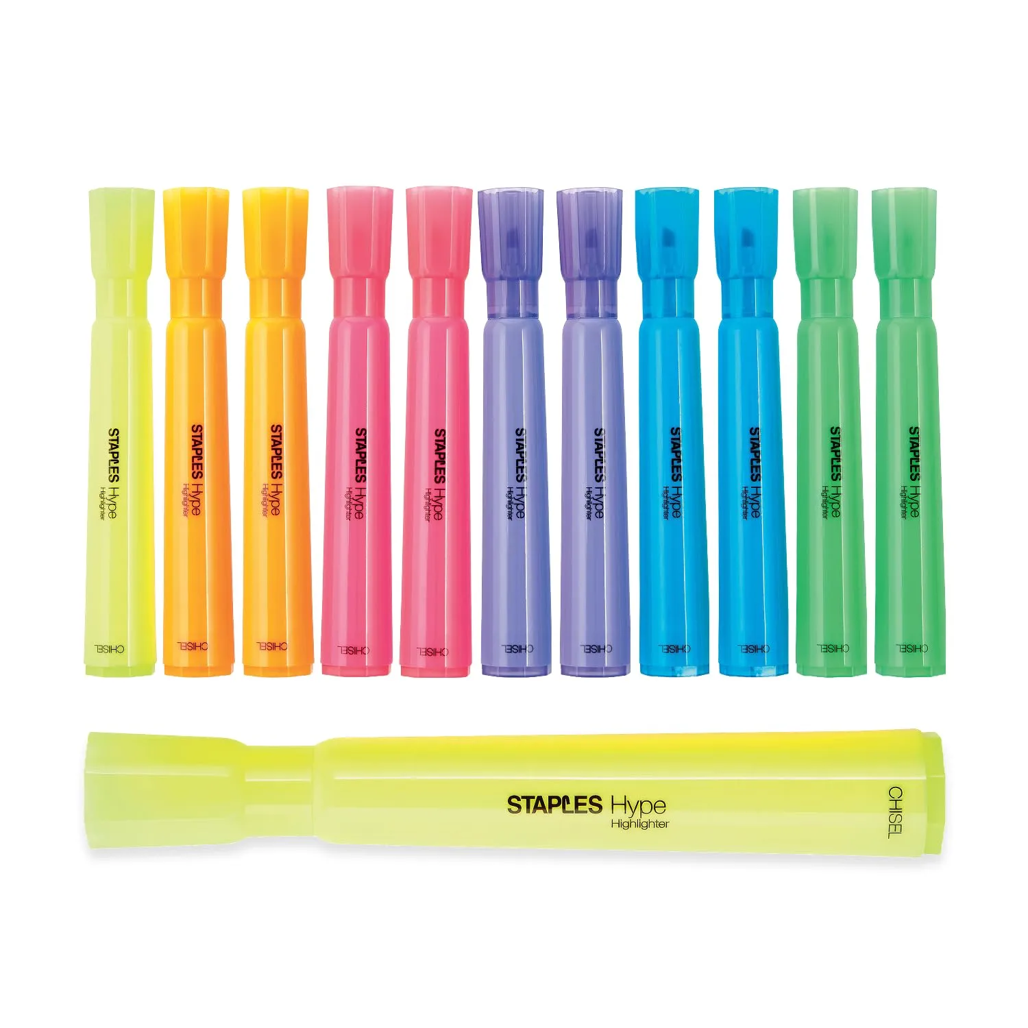 Staples Hype Highlighters, Chisel Tip, Fluorescent Yellow, 12-Pack