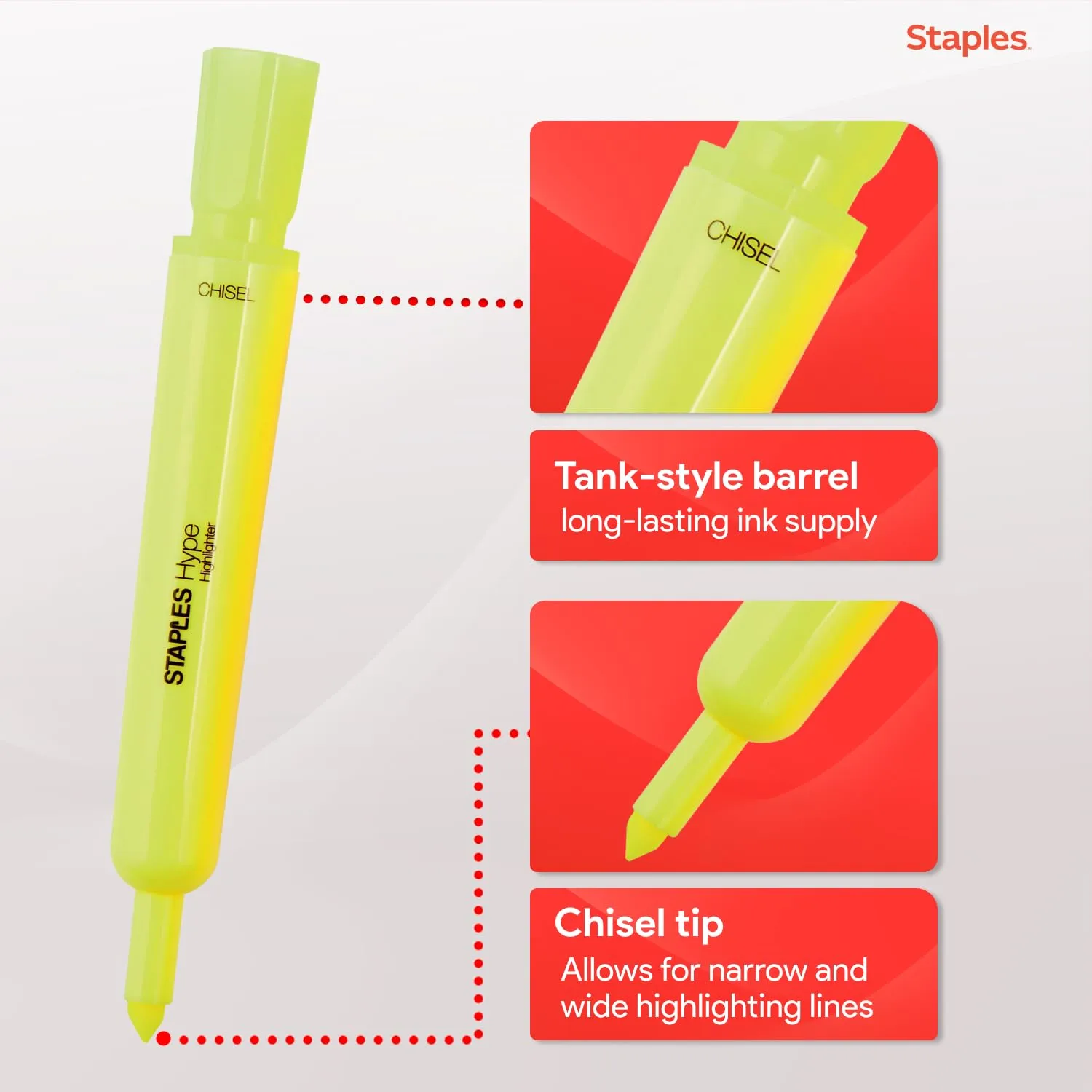 Staples Hype Highlighters, Chisel Tip, Fluorescent Yellow, 12-Pack