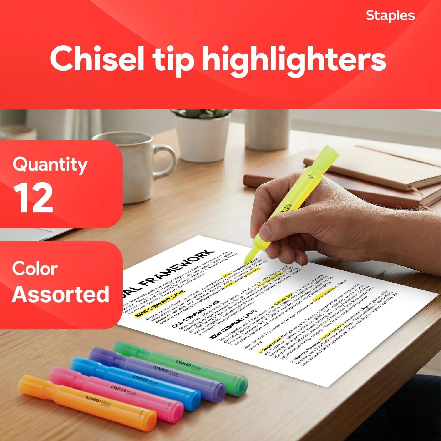Staples Hype Highlighters, Chisel Tip, Fluorescent Yellow, 12-Pack