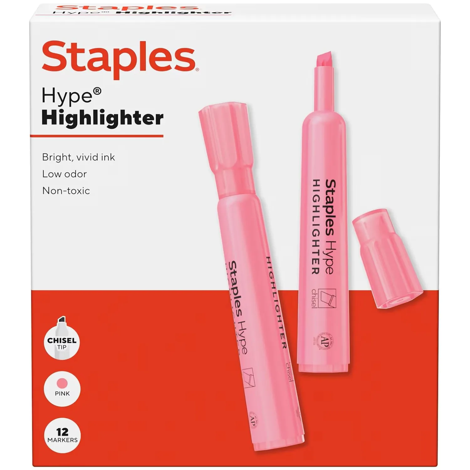 Staples Hype Tank Highlighter, Chisel Tip, Pink, 12-Pack