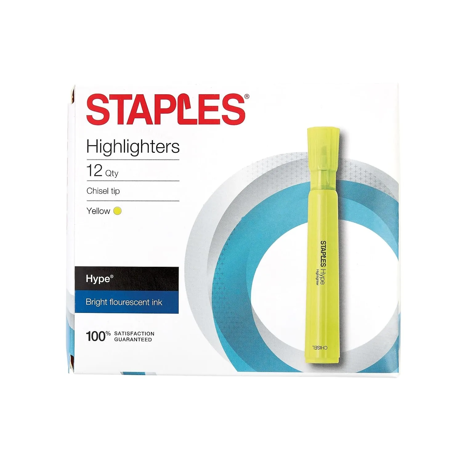 Staples Hype Tank Highlighters, Chisel Tip, Yellow, 12-Pack