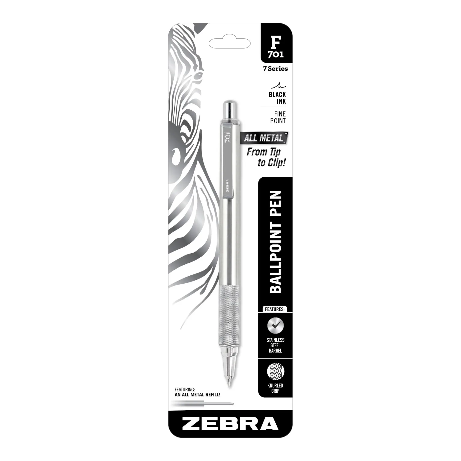 Zebra Pen STEEL F-701 Retractable Ballpoint Pen, Black Ink, 0.8mm, 1-Pack